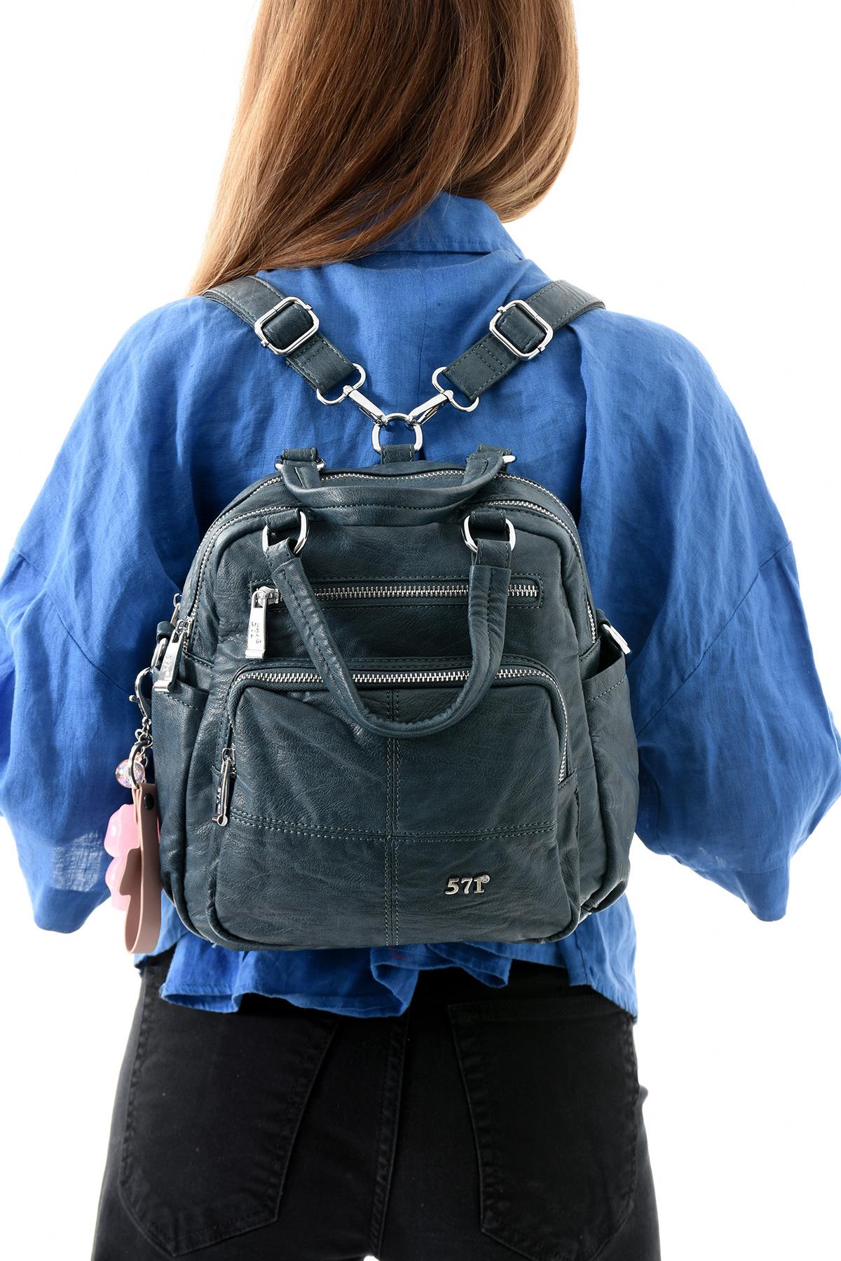 Üç Fonksiyonlu Suni Deri Sırt, Omuz, ve El Çantası Koyu Mavi (Model: 571-13-17B)