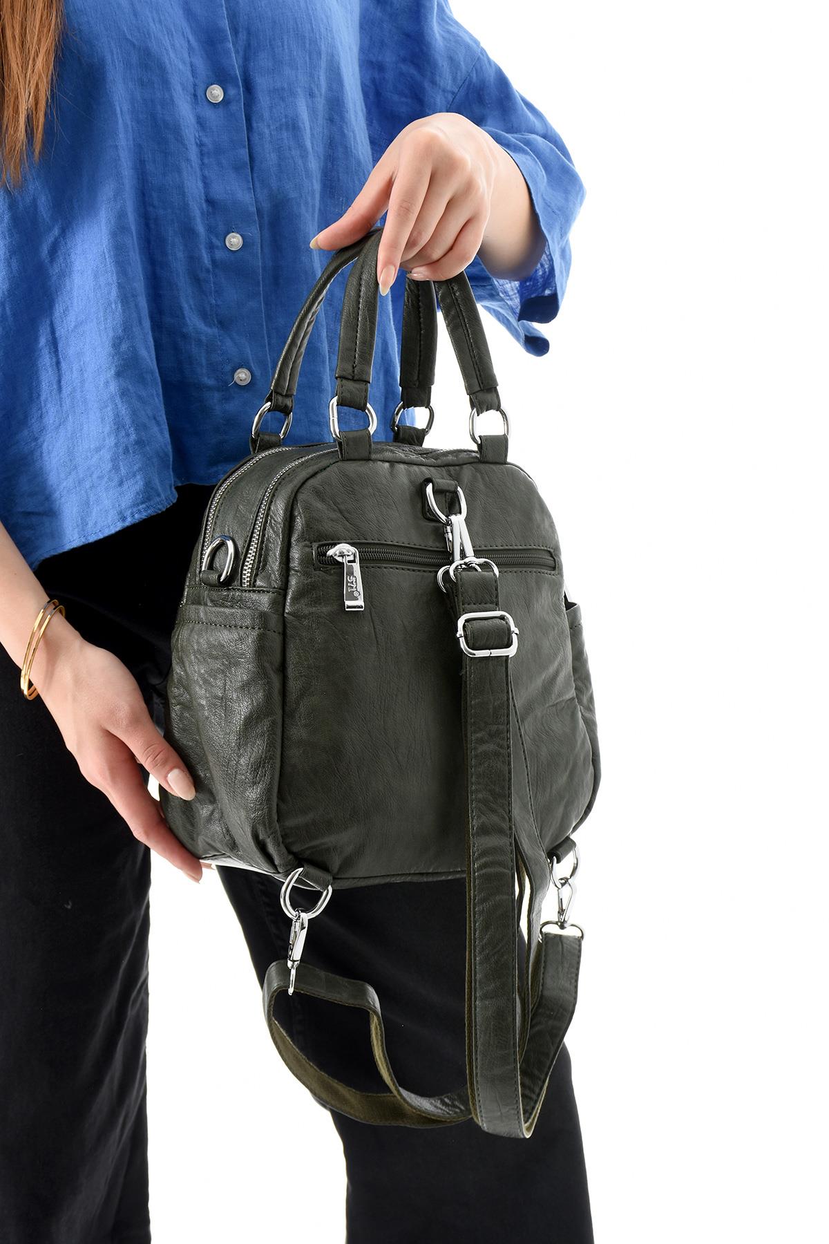 Üç Fonksiyonlu Suni Deri Sırt, Omuz, ve El Çantası Yeşil Gri (Model: 571-13-17B)