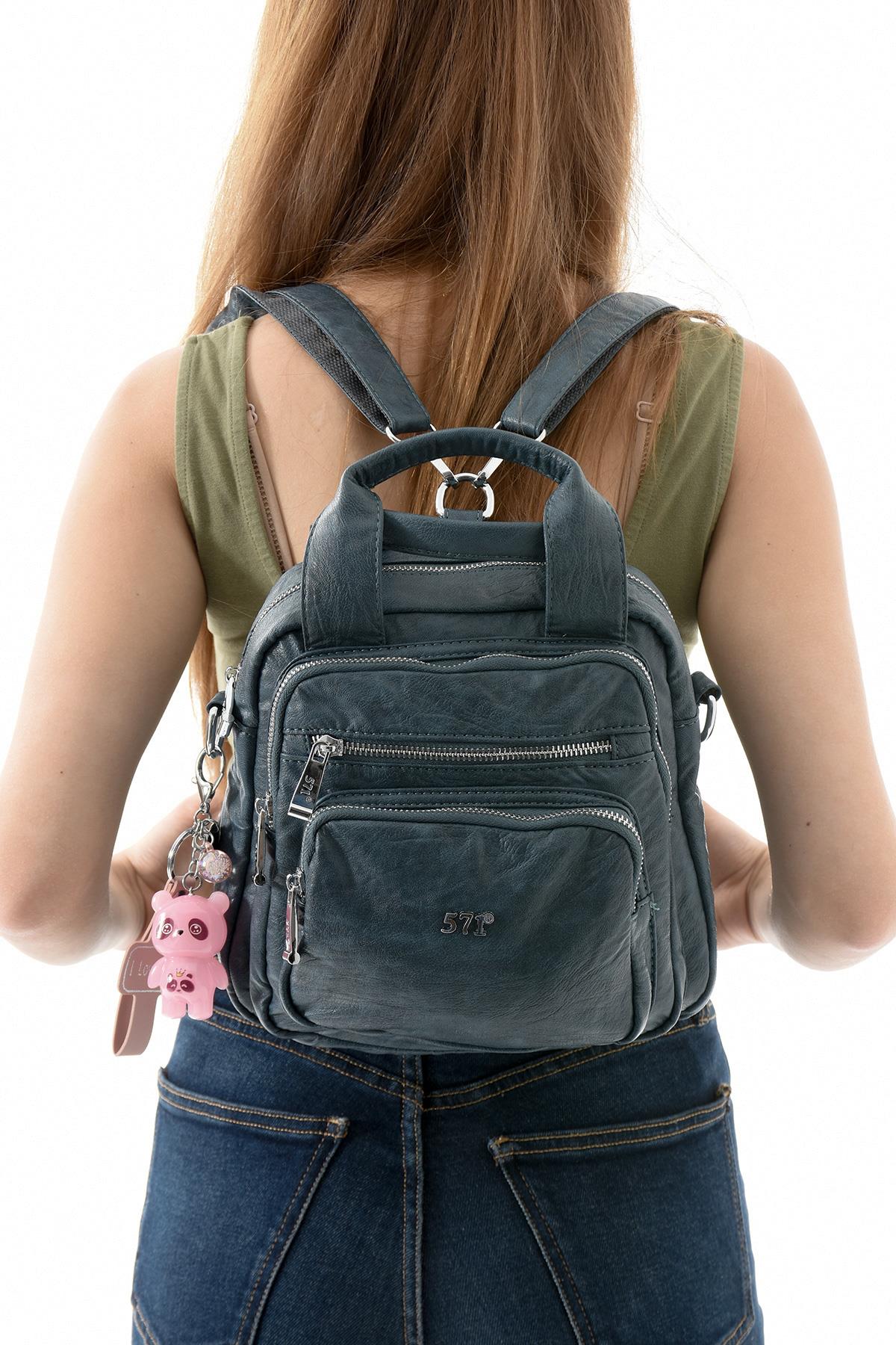 Üç Fonksiyonlu Suni Deri Sırt, Omuz, ve El Çantası Mavi (Model: 571-13-17K)