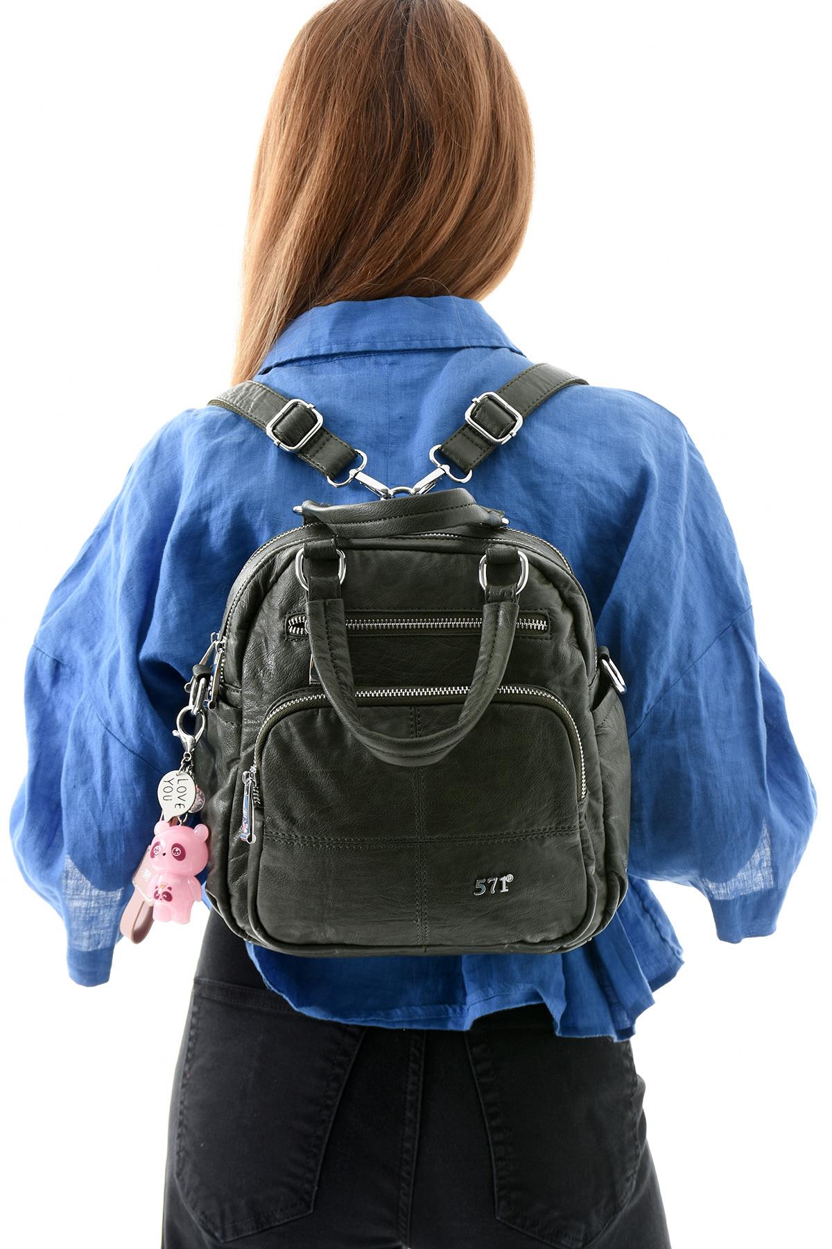 Üç Fonksiyonlu Suni Deri Sırt, Omuz, ve El Çantası Yeşil Gri (Model: 571-13-17B)