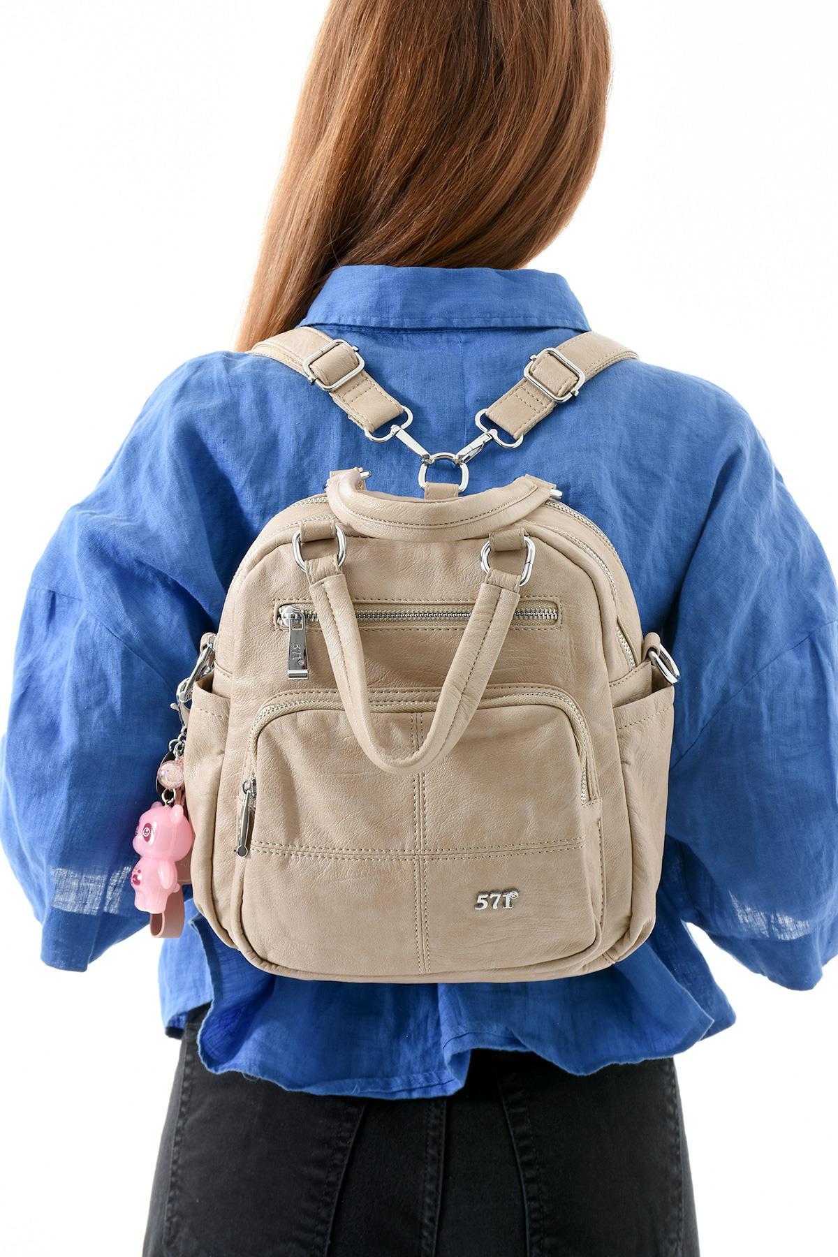 Üç Fonksiyonlu Suni Deri Sırt, Omuz, ve El Çantası Vizon (Model: 571-13-17B)