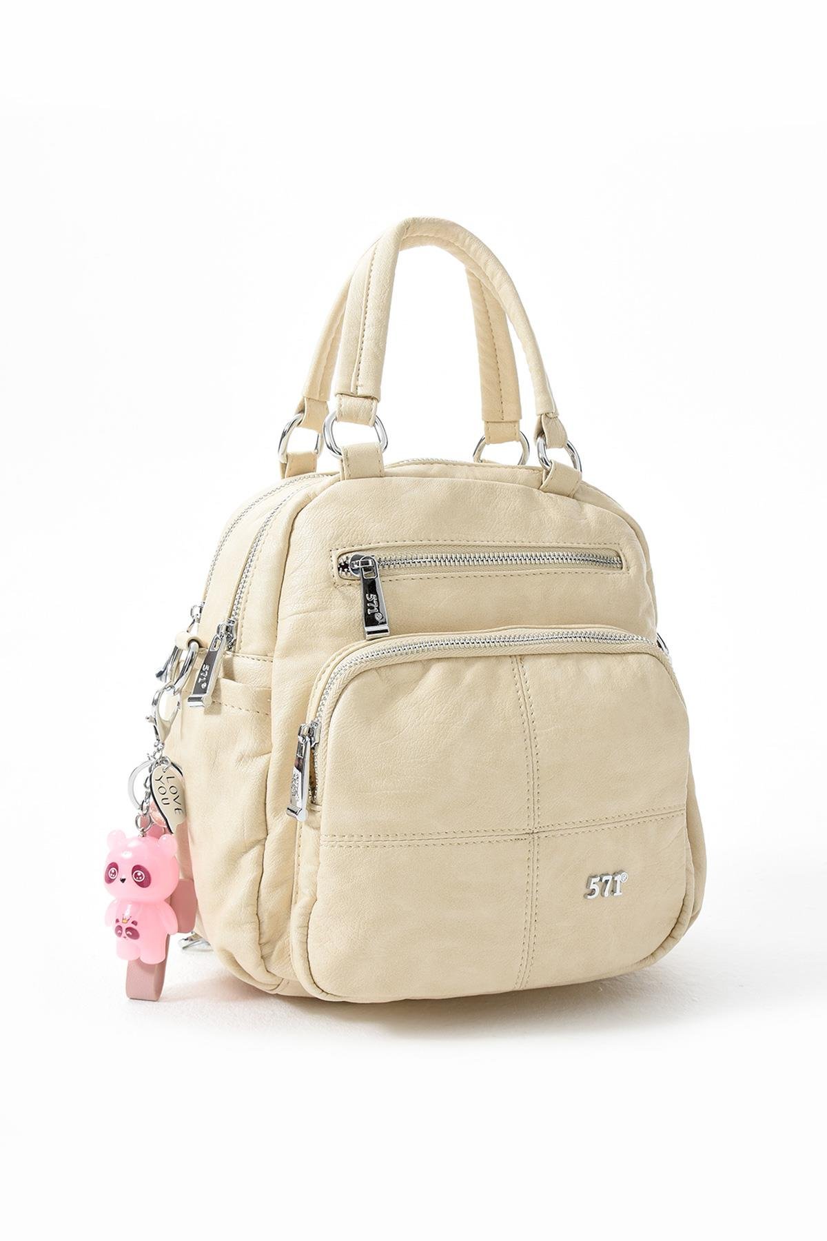 Üç Fonksiyonlu Suni Deri Sırt, Omuz, ve El Çantası Bej (Model: 571-13-17B)