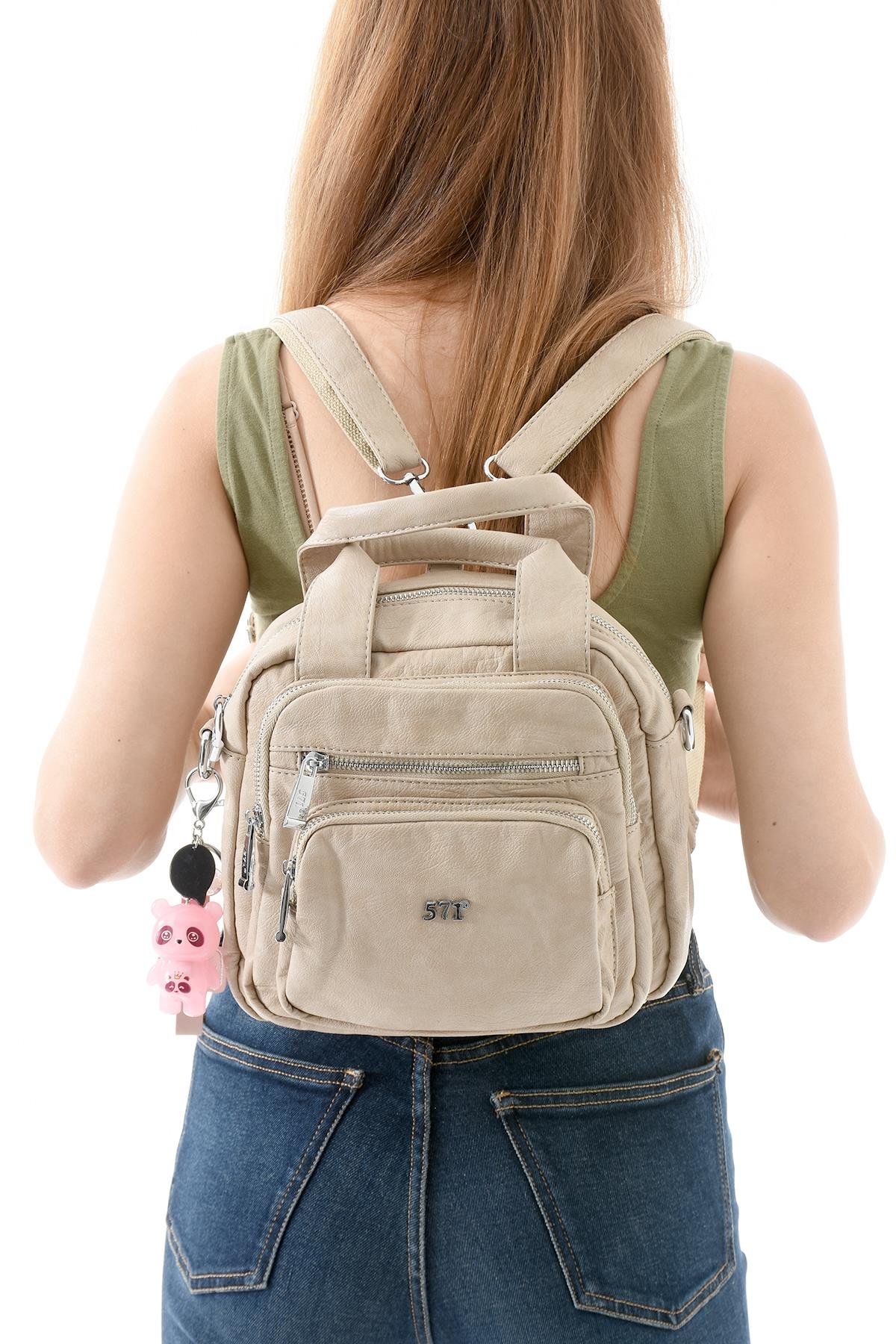 Üç Fonksiyonlu Suni Deri Sırt, Omuz, ve El Çantası Vizon (Model: 571-13-17K)