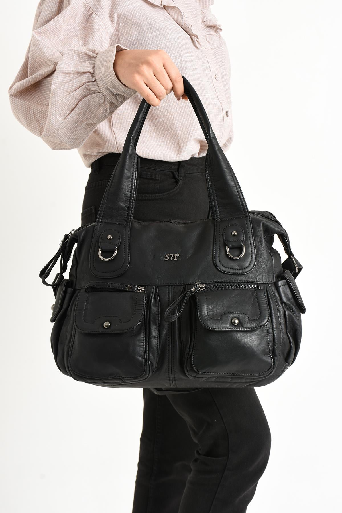 Yıkanmış Deri Çok Bölmeli Omuz Çantası Siyah (Model: 571-11-10F)