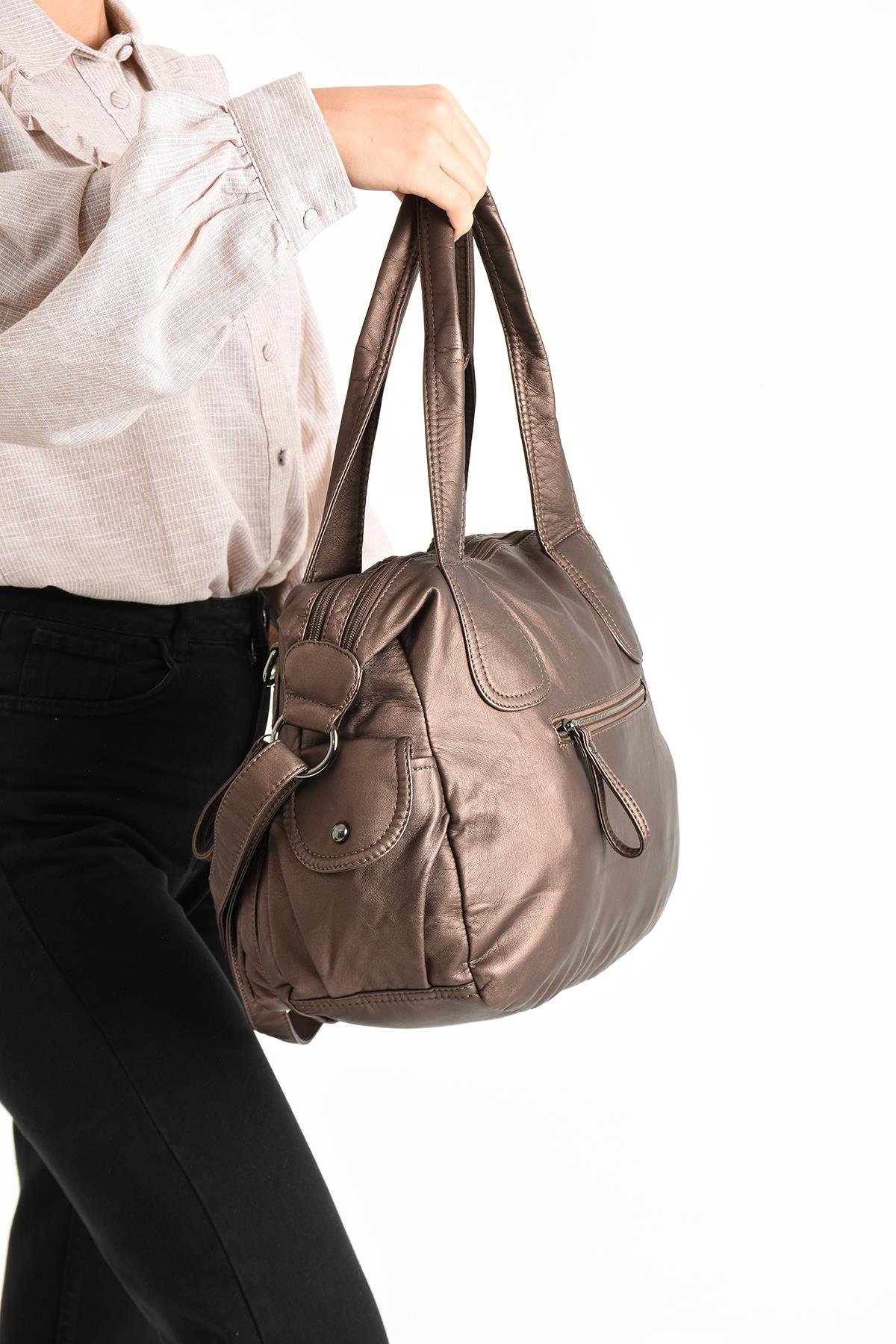 Yıkanmış Deri Çok Bölmeli Omuz Çantası Bronz (Model: 571-11-10F)