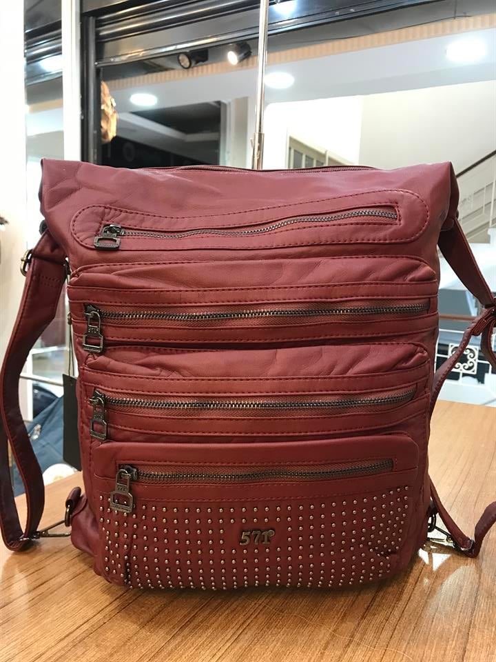Yıkanmış Deri Hem Sırt Hem Omuz Çantası (571-1-6G) Bordo