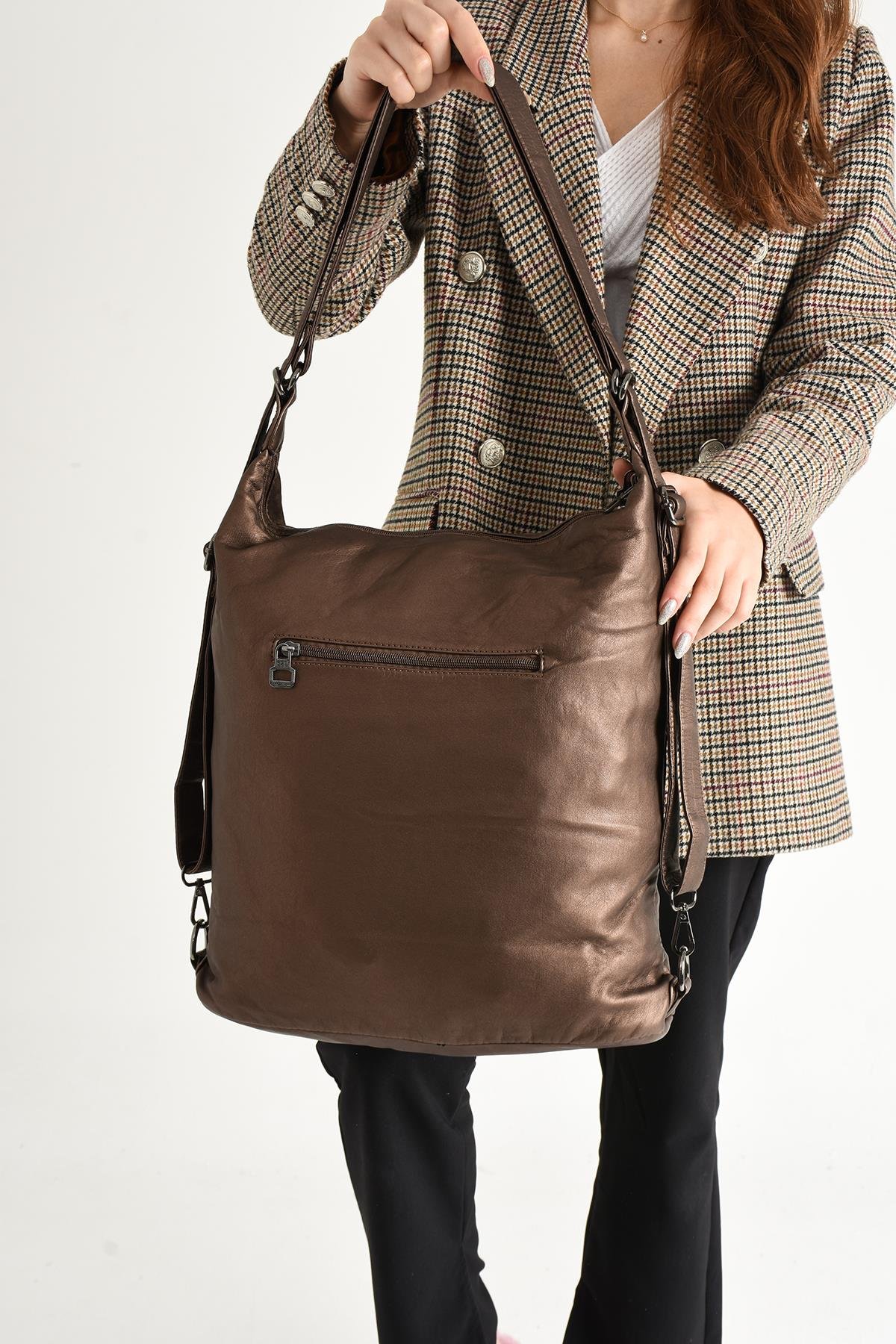 Yıkanmış Deri Hem Sırt Hem Omuz Çantası Bronz (Model: 571-9-10A) 