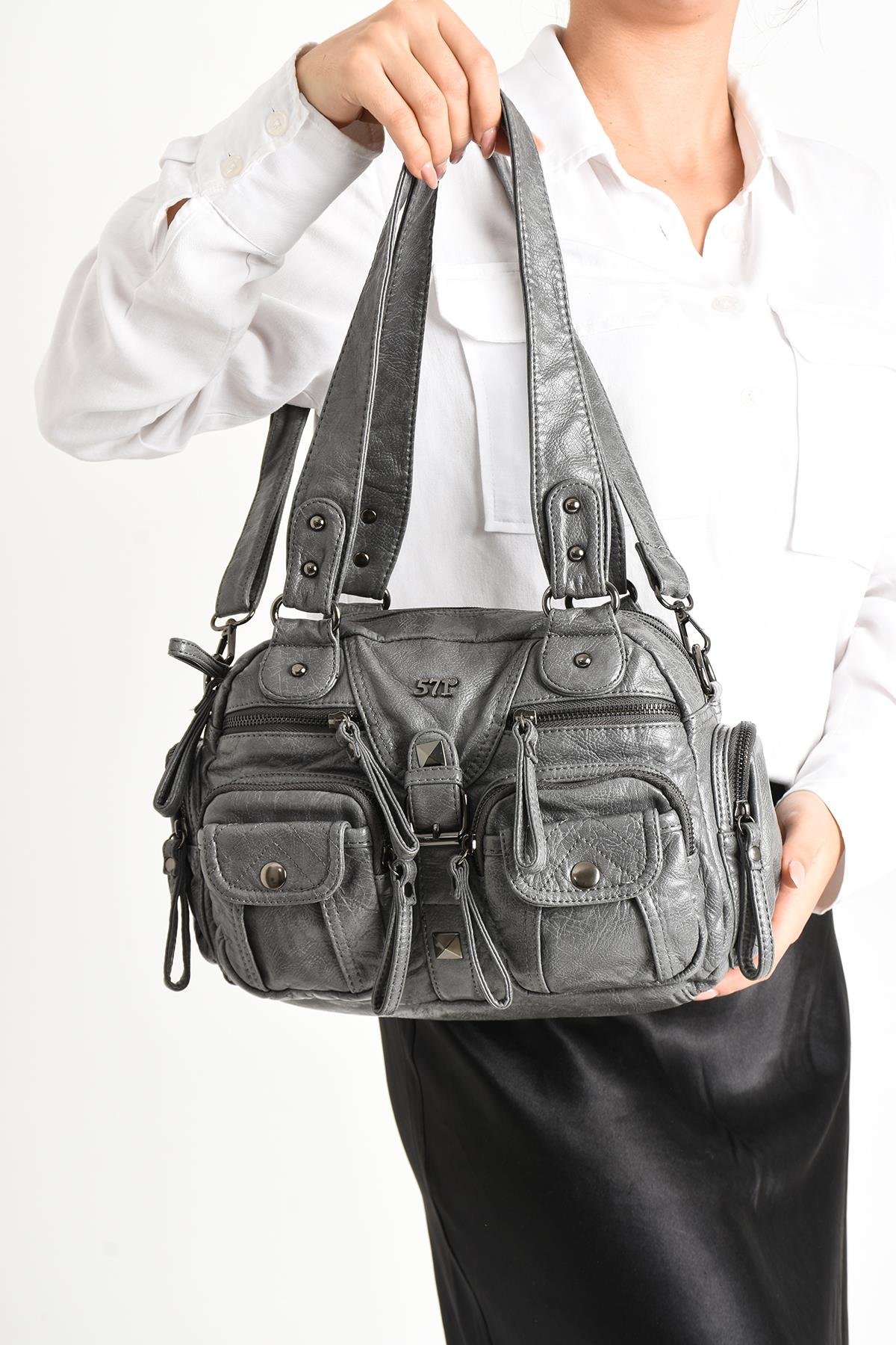 Yıkanmış Deri Omuz Çantası Gri (Model: 571-11-13D) 