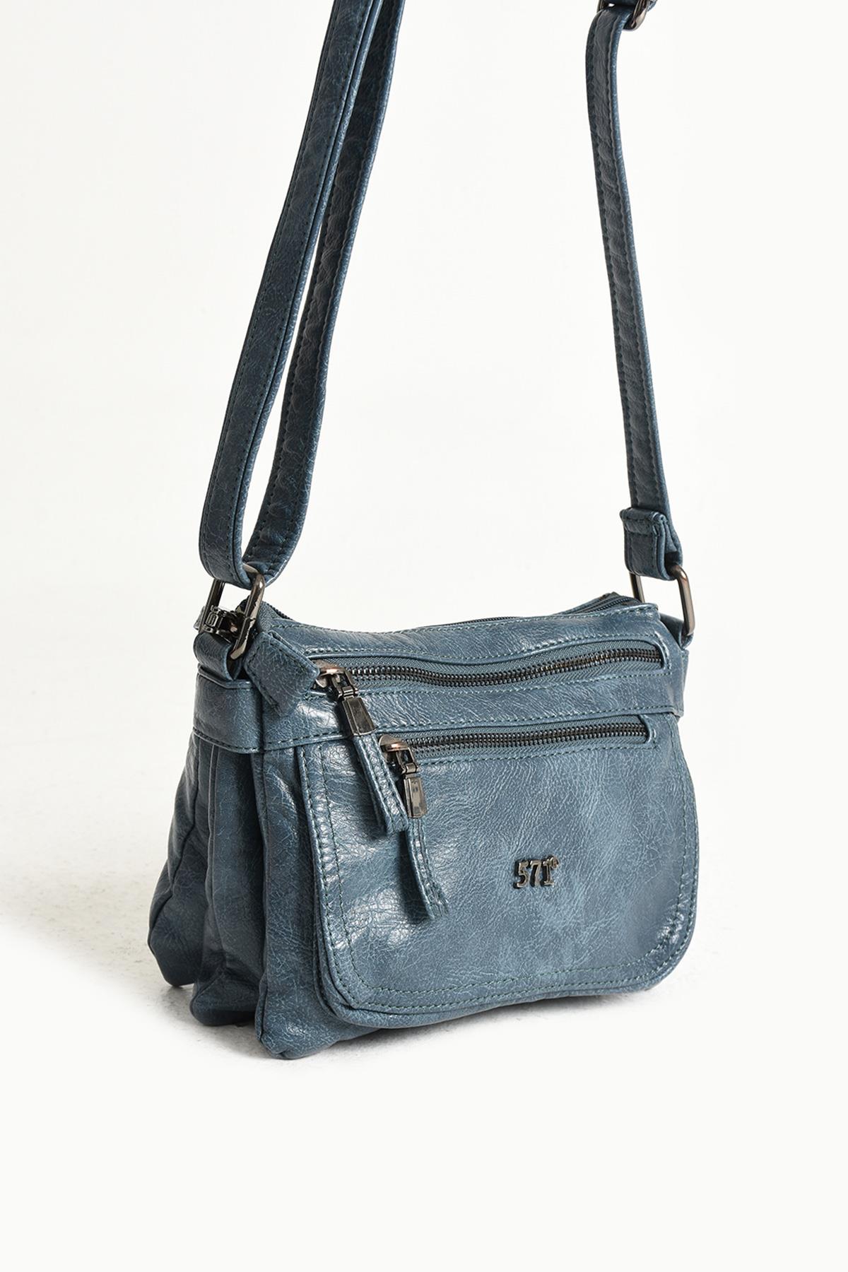 Yıkanmış Deri Omuz Çantası Mavi (Model: 571-11-13G) 