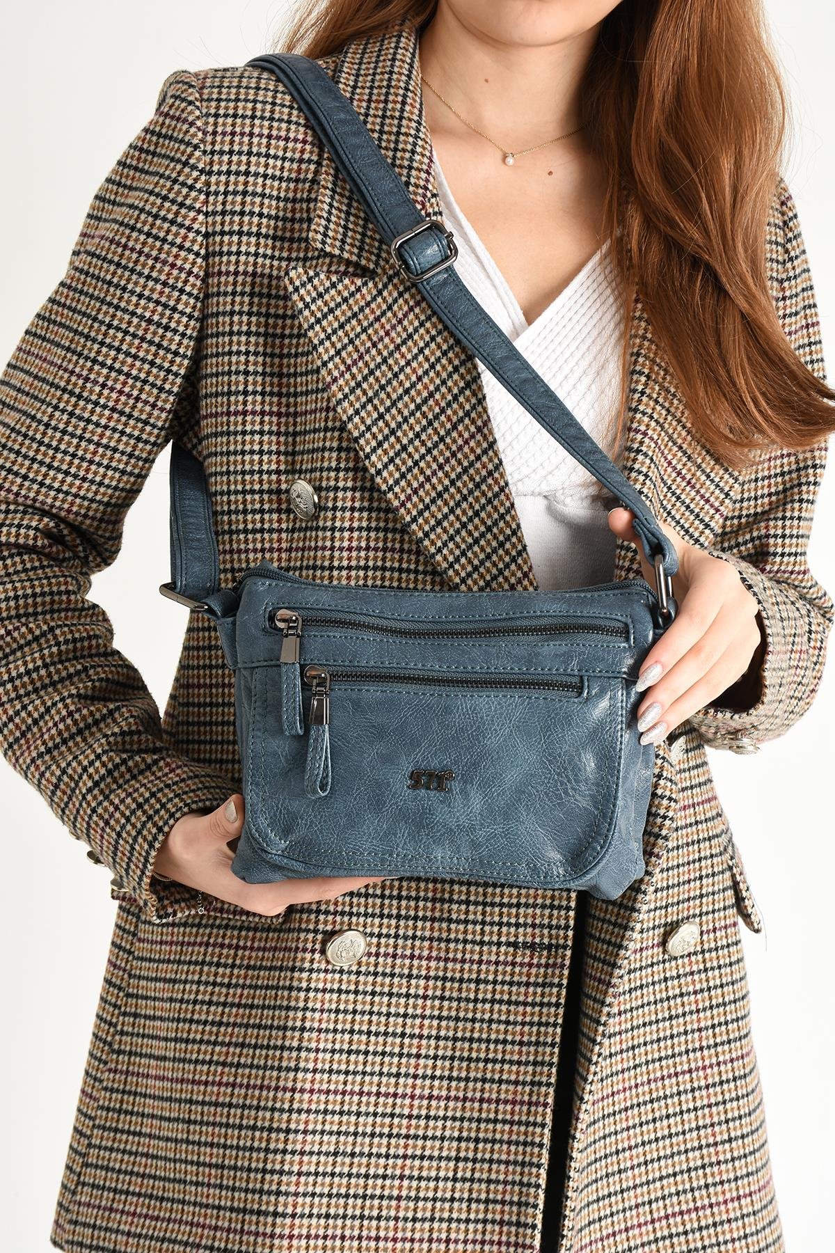 Yıkanmış Deri Omuz Çantası Mavi (Model: 571-11-13G) 