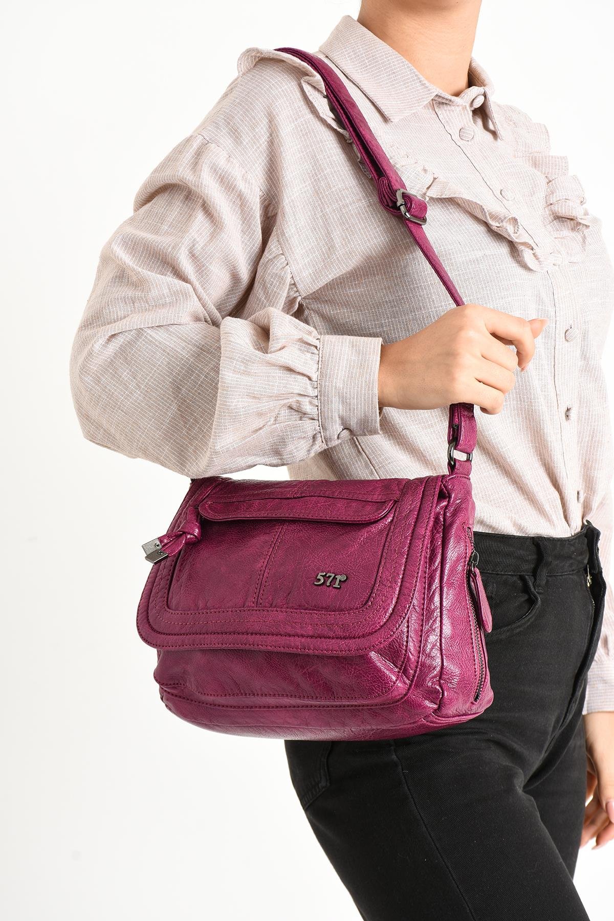 Yıkanmış Deri Omuz Çantası Pembe (Model: 571-11-13E) 