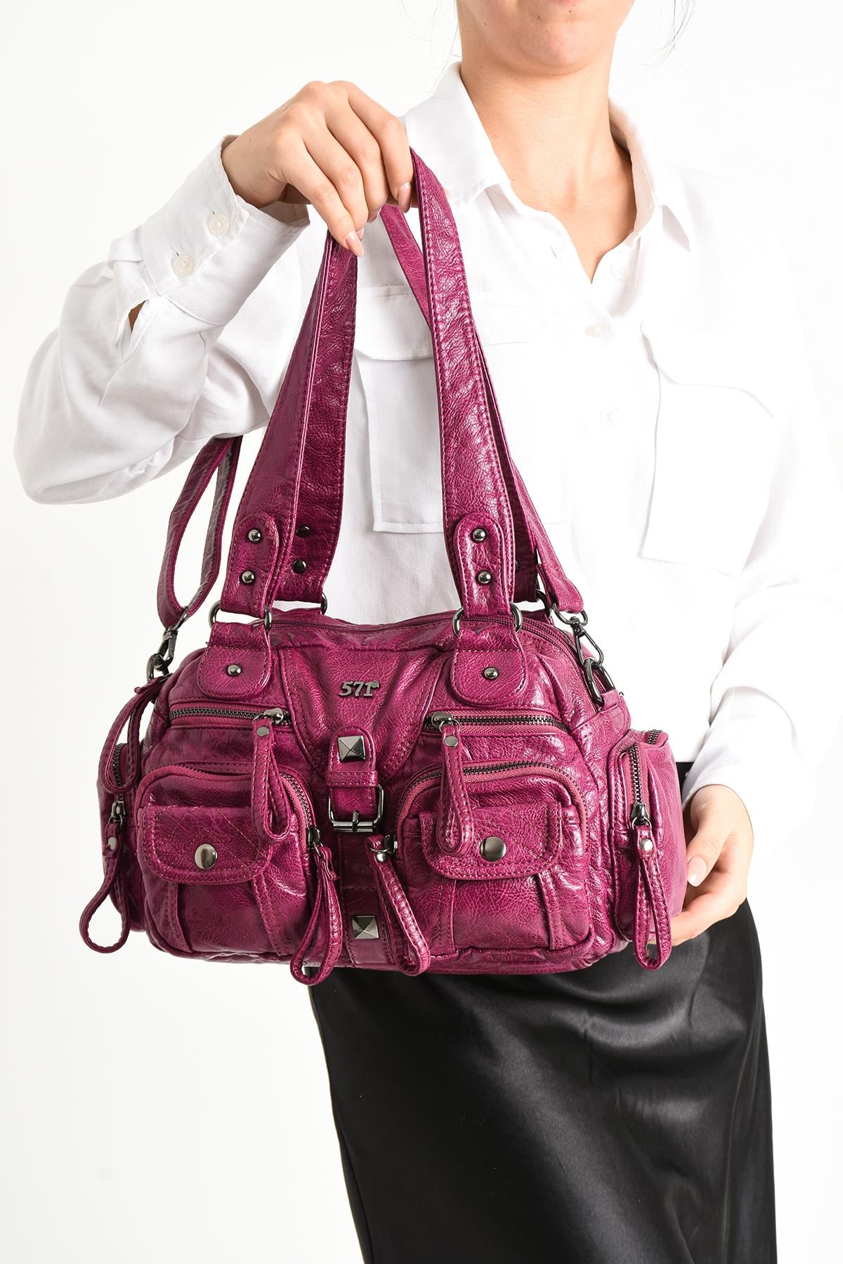 Yıkanmış Deri Omuz Çantası Pembe (Model: 571-11-13D) 