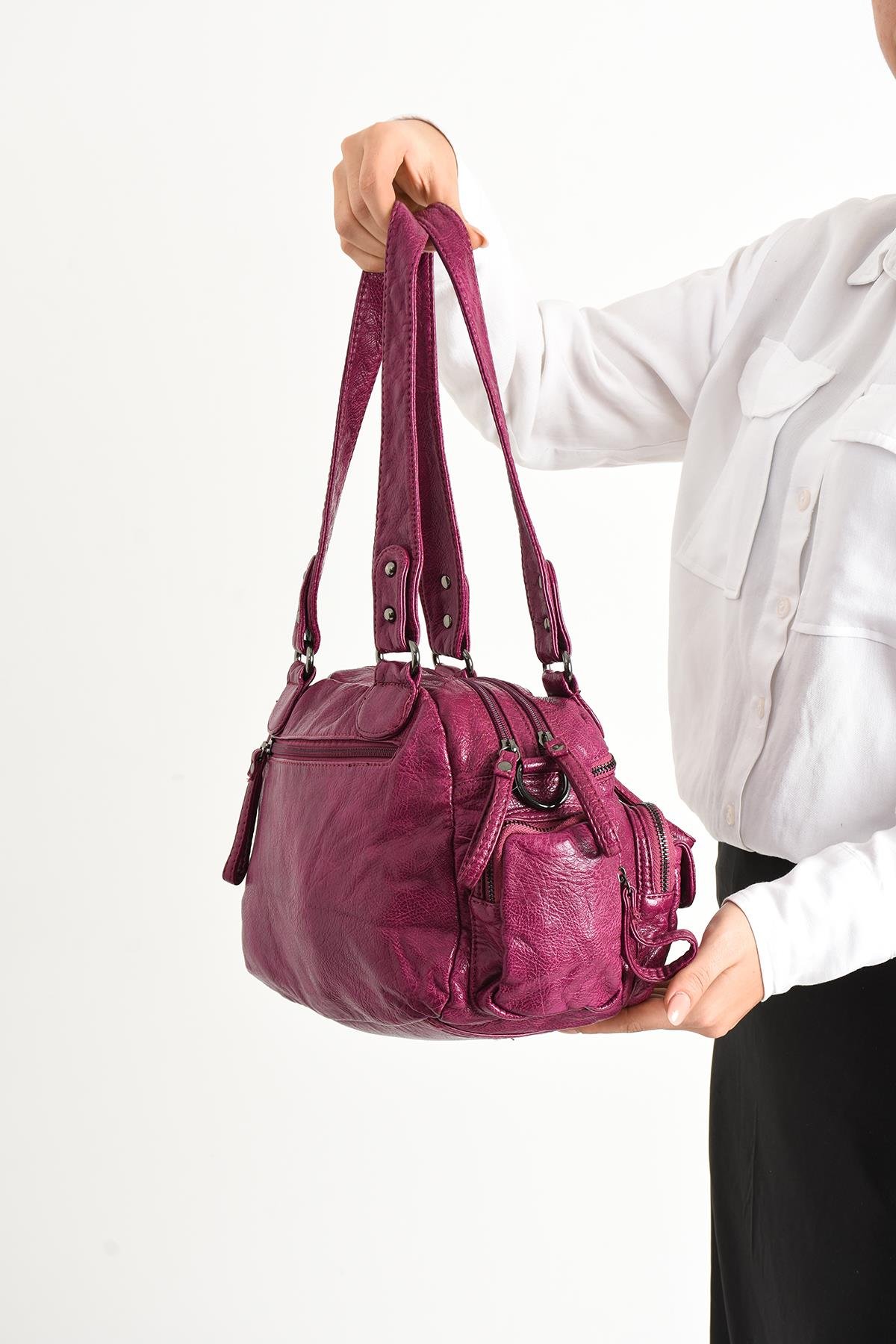 Yıkanmış Deri Omuz Çantası Pembe (Model: 571-11-13D) 