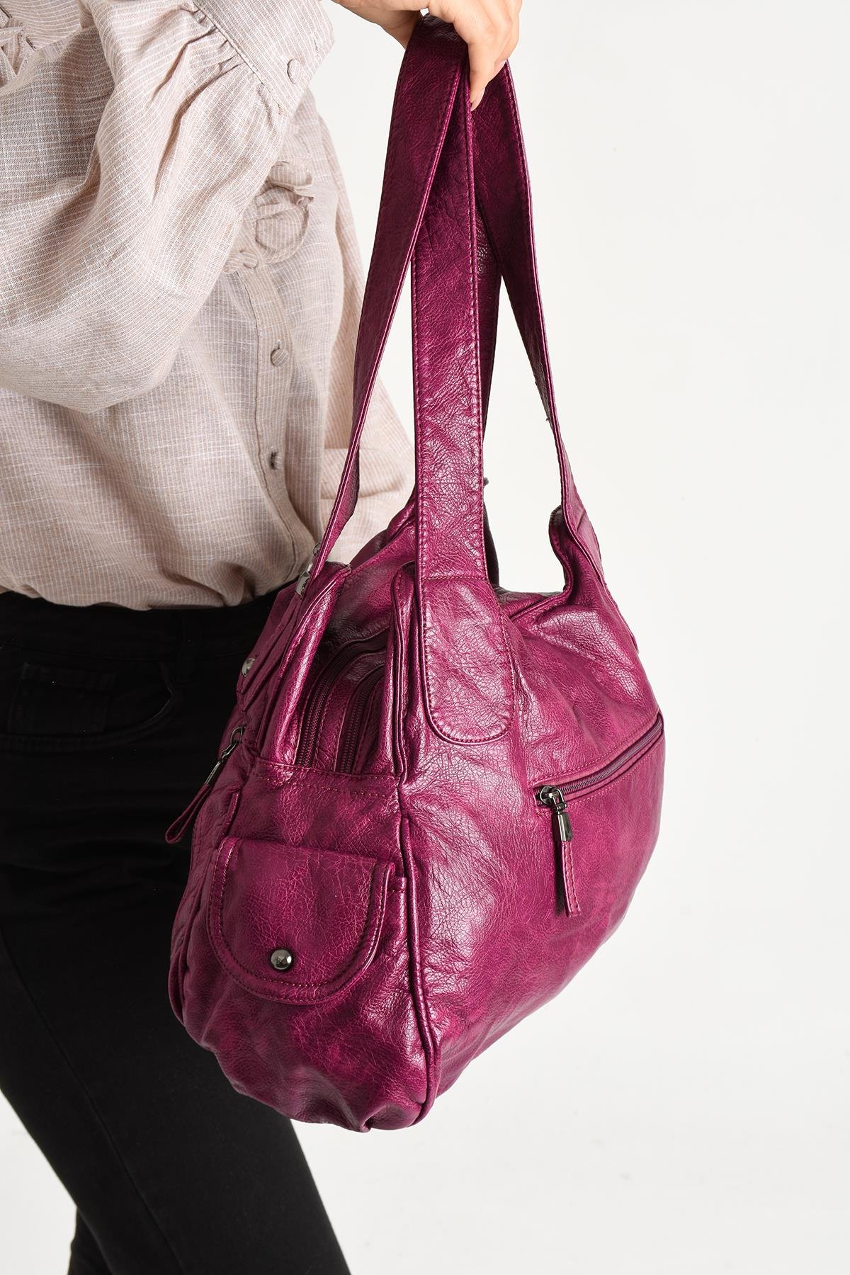 Yıkanmış Deri Omuz Çantası Pembe (Model: 571-11-13C) 