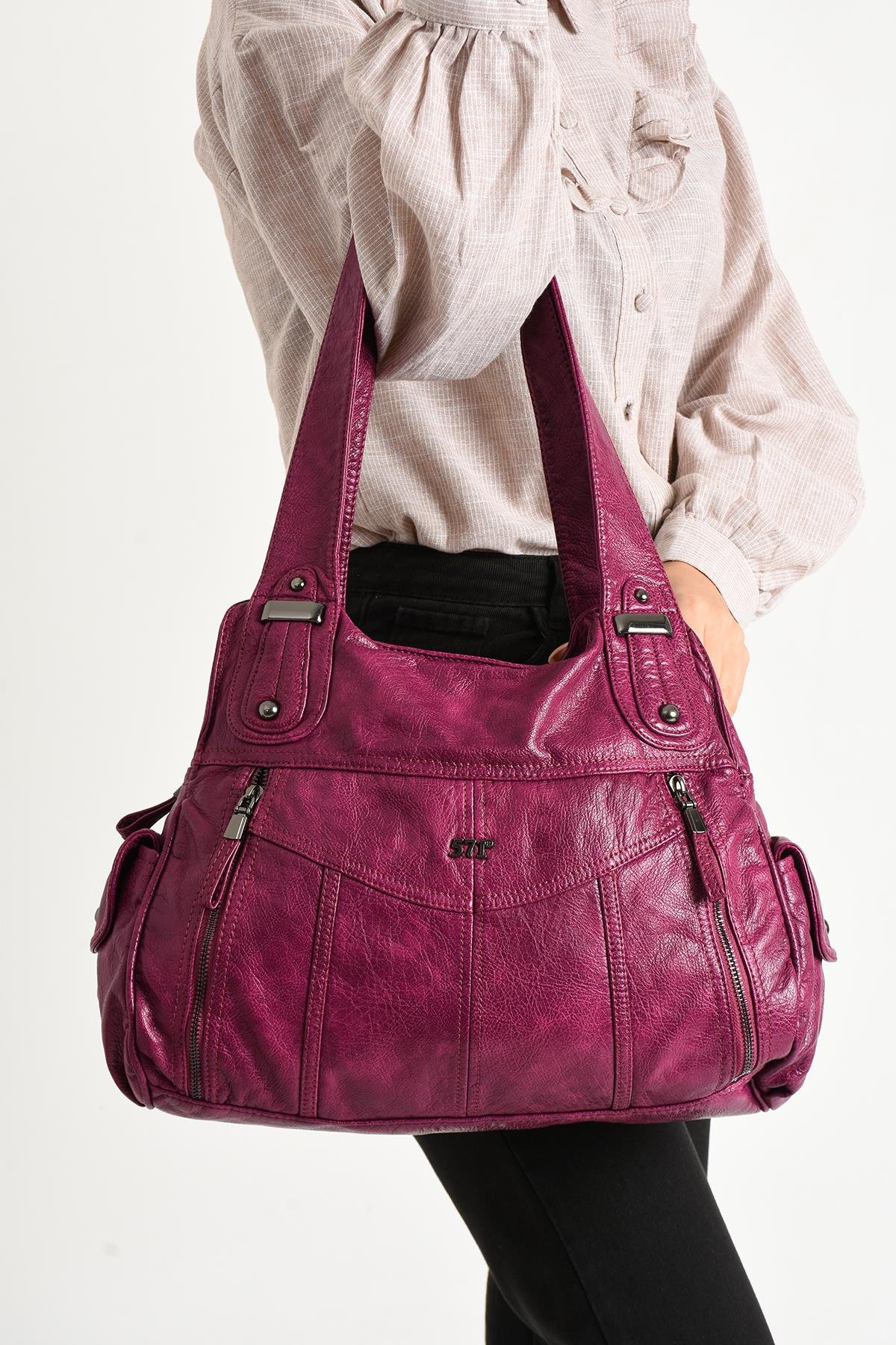 Yıkanmış Deri Omuz Çantası Pembe (Model: 571-11-13C) 