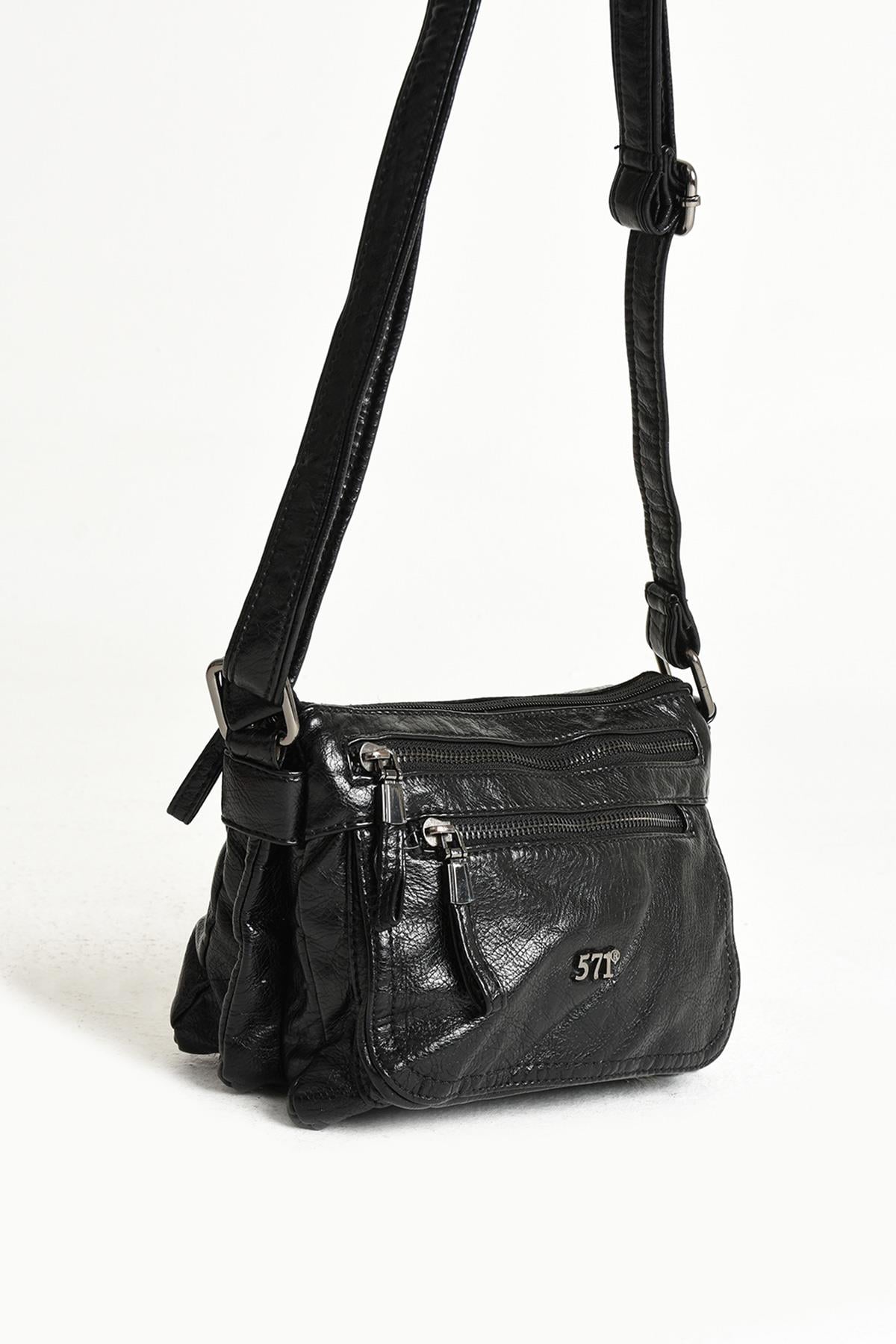 Yıkanmış Deri Omuz Çantası Siyah (Model: 571-11-13G) 