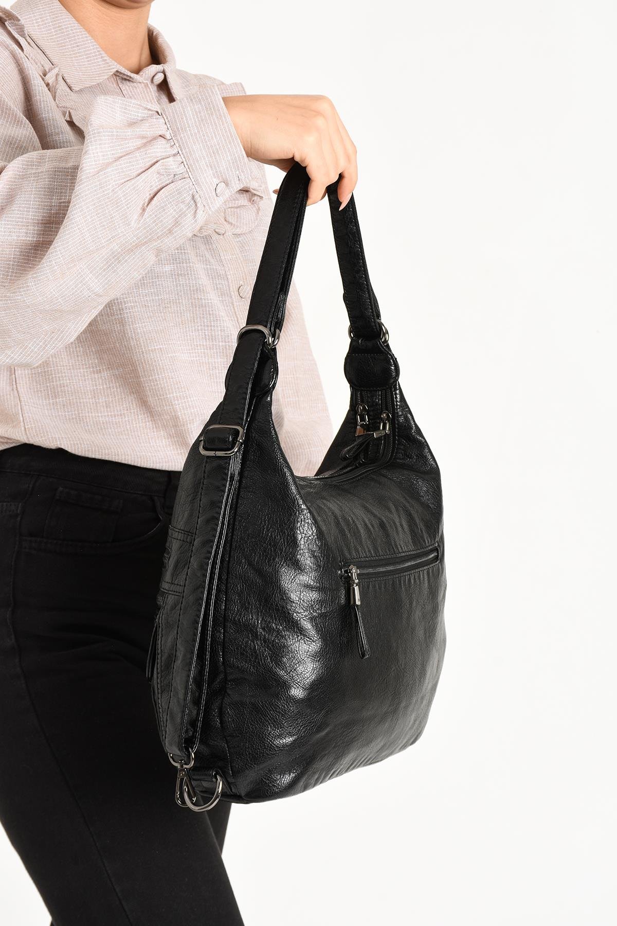 Yıkanmış Deri Omuz Çantası Siyah (Model: 571-11-13A) 