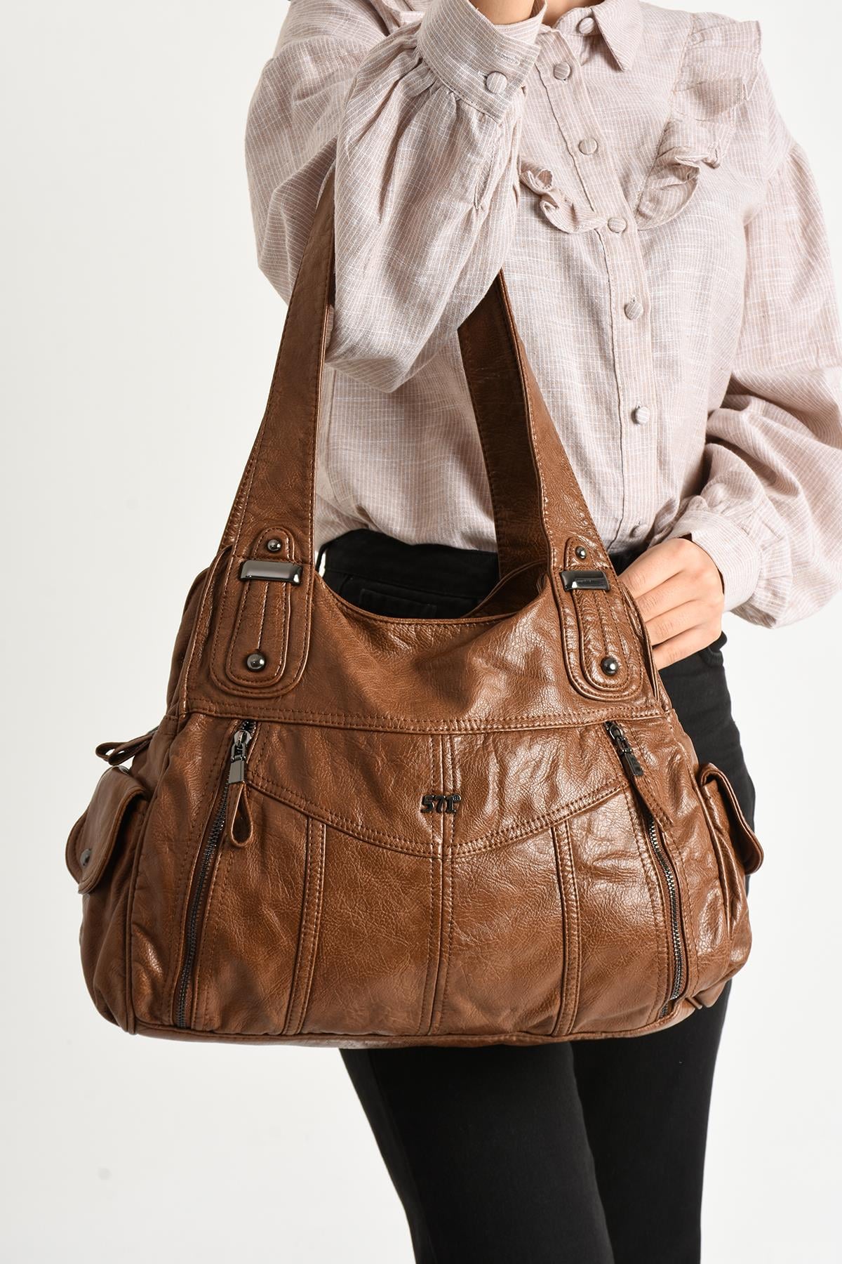 Yıkanmış Deri Omuz Çantası Taba (Model: 571-11-13C) 