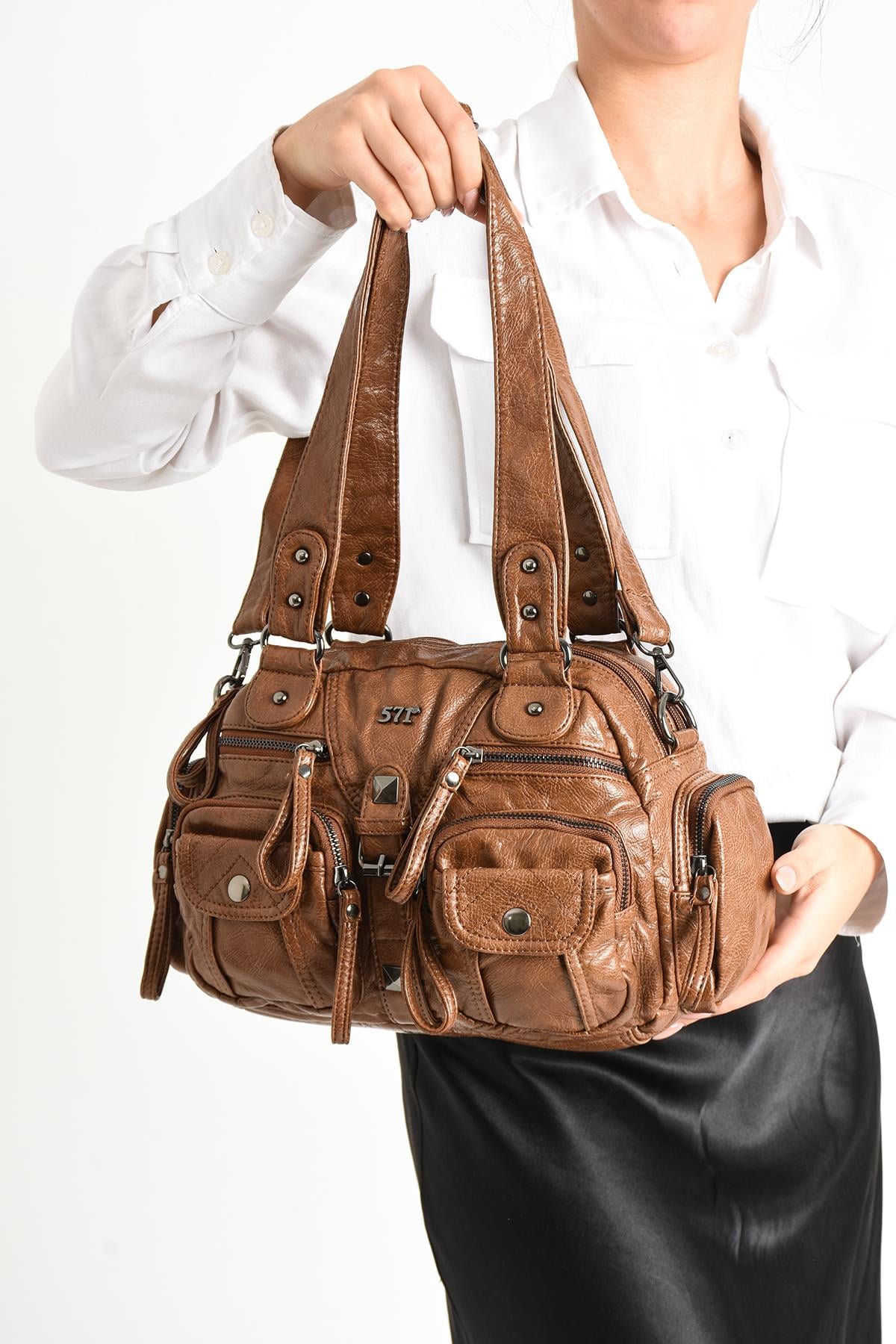 Yıkanmış Deri Omuz Çantası Taba (Model: 571-11-13D) 