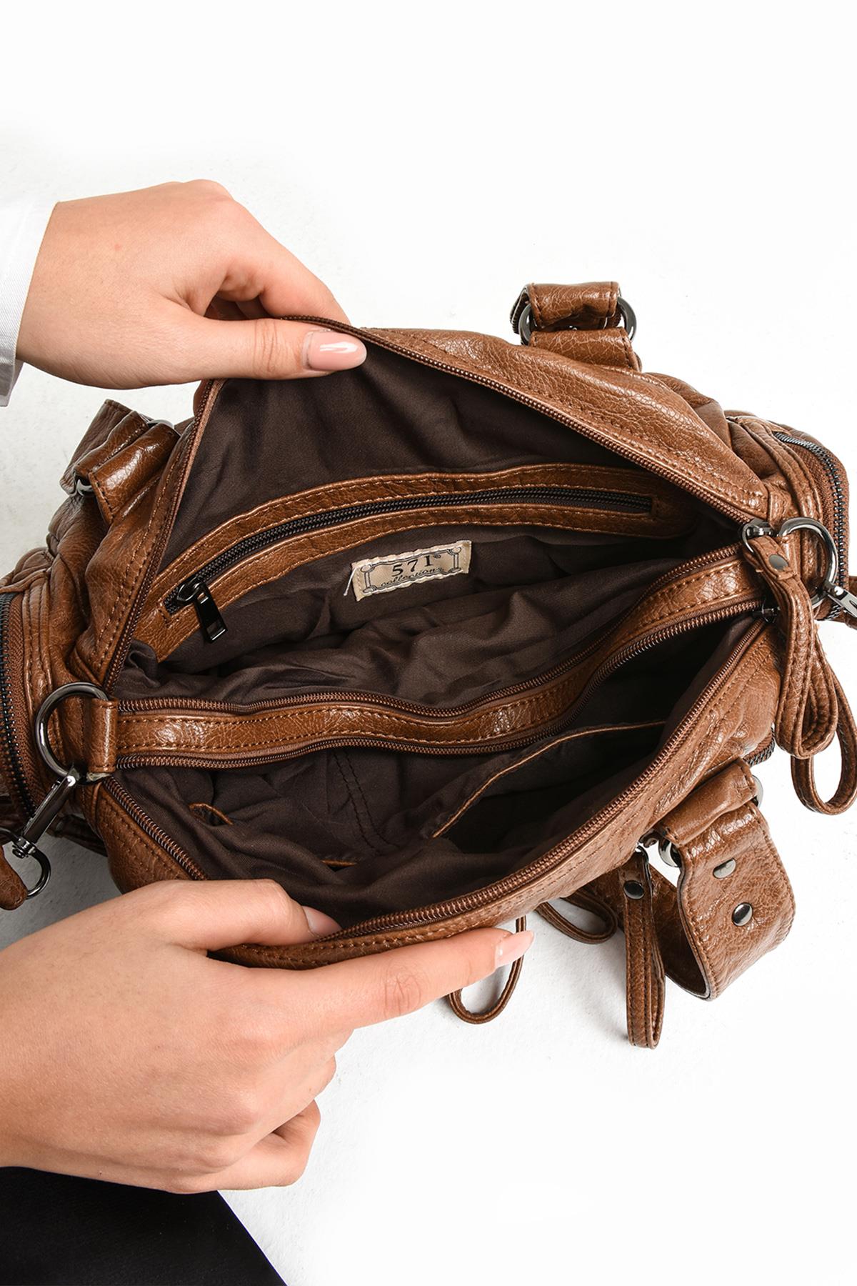 Yıkanmış Deri Omuz Çantası Taba (Model: 571-11-13D) 