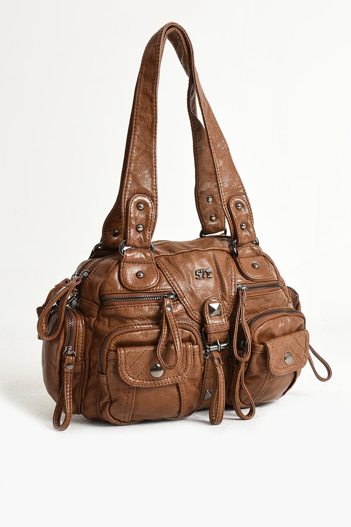 Yıkanmış Deri Omuz Çantası Taba (Model: 571-11-13D) 