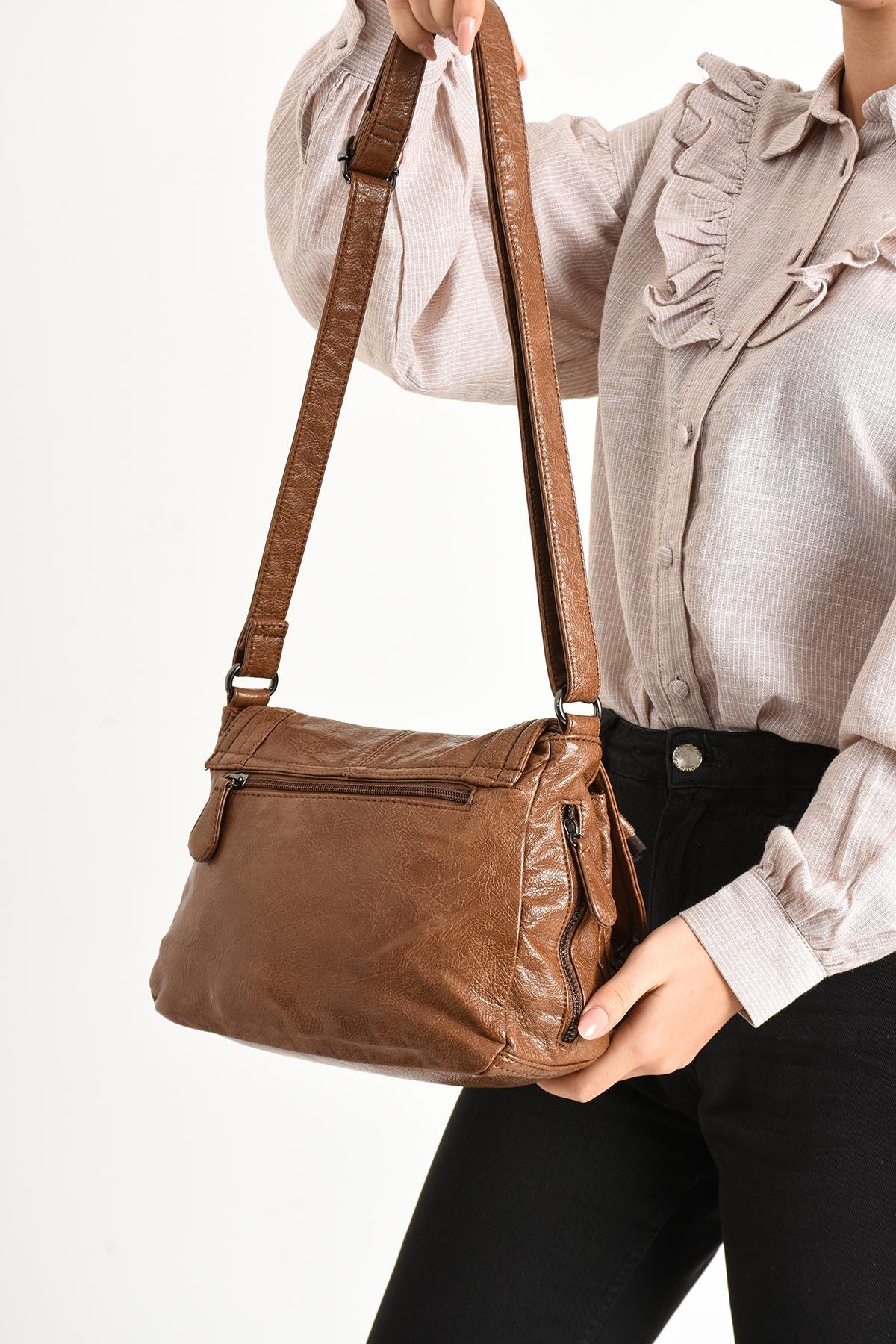 Yıkanmış Deri Omuz Çantası Taba (Model: 571-11-13E) 