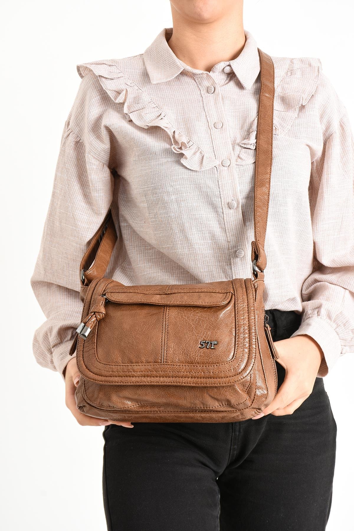 Yıkanmış Deri Omuz Çantası Taba (Model: 571-11-13E) 