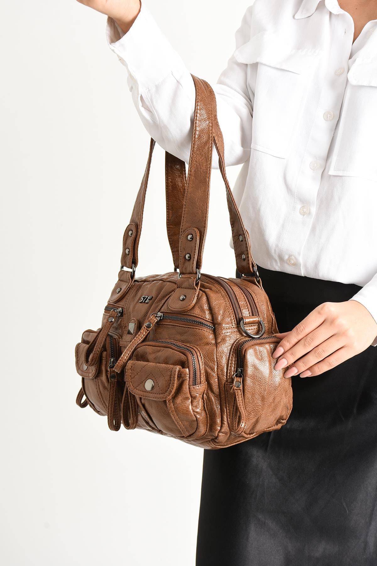 Yıkanmış Deri Omuz Çantası Taba (Model: 571-11-13D) 