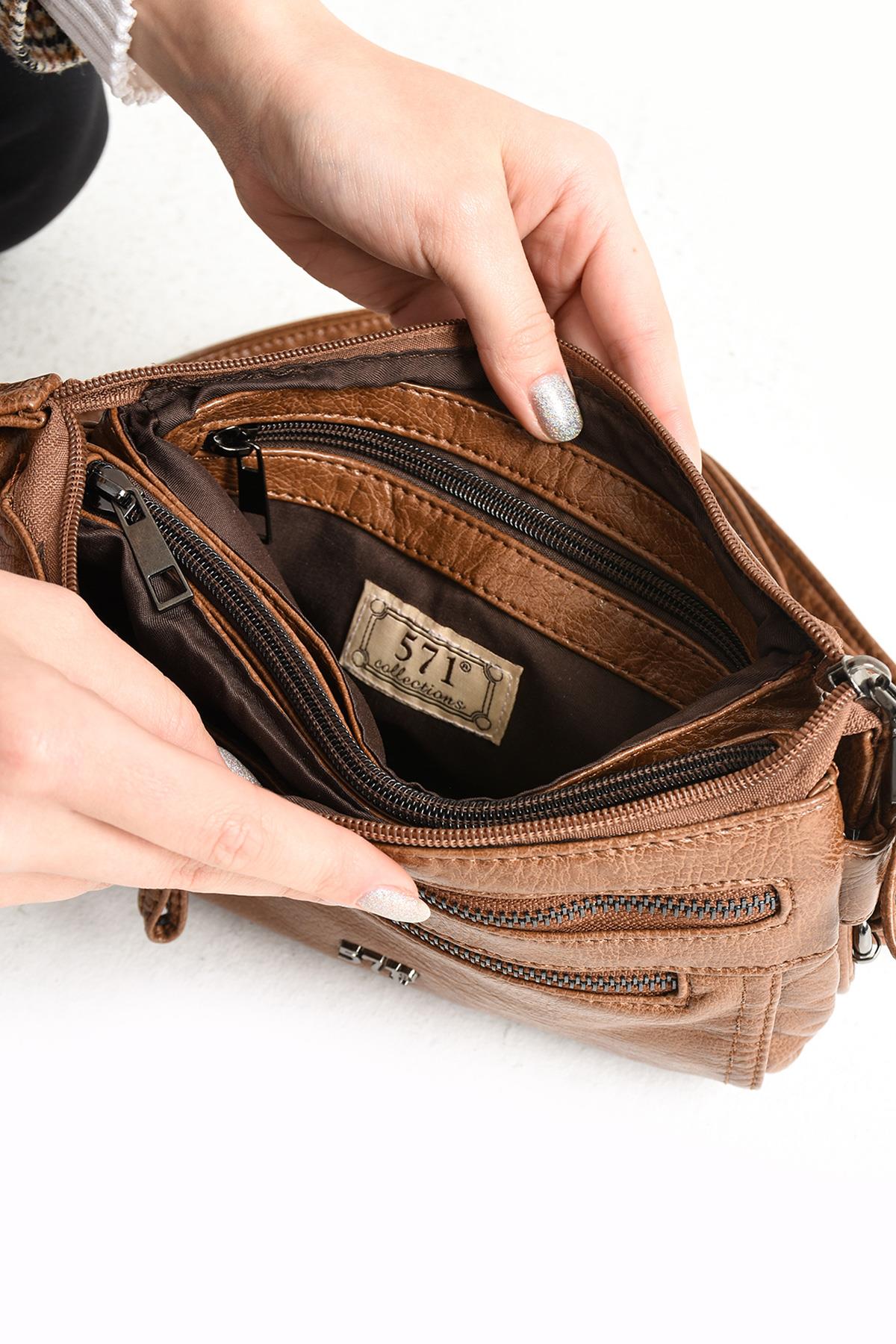 Yıkanmış Deri Omuz Çantası Taba (Model: 571-11-13G) 