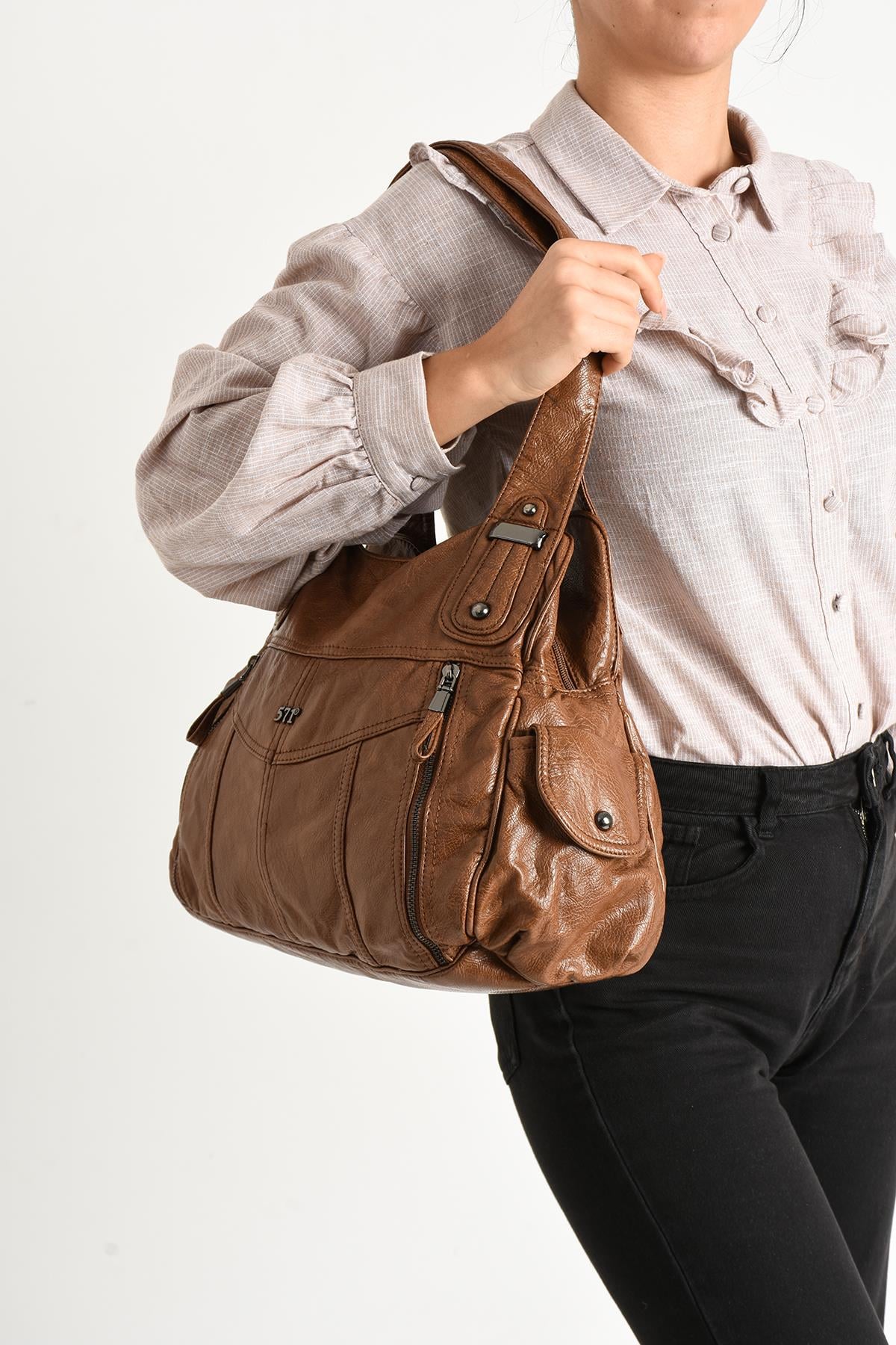 Yıkanmış Deri Omuz Çantası Taba (Model: 571-11-13C) 