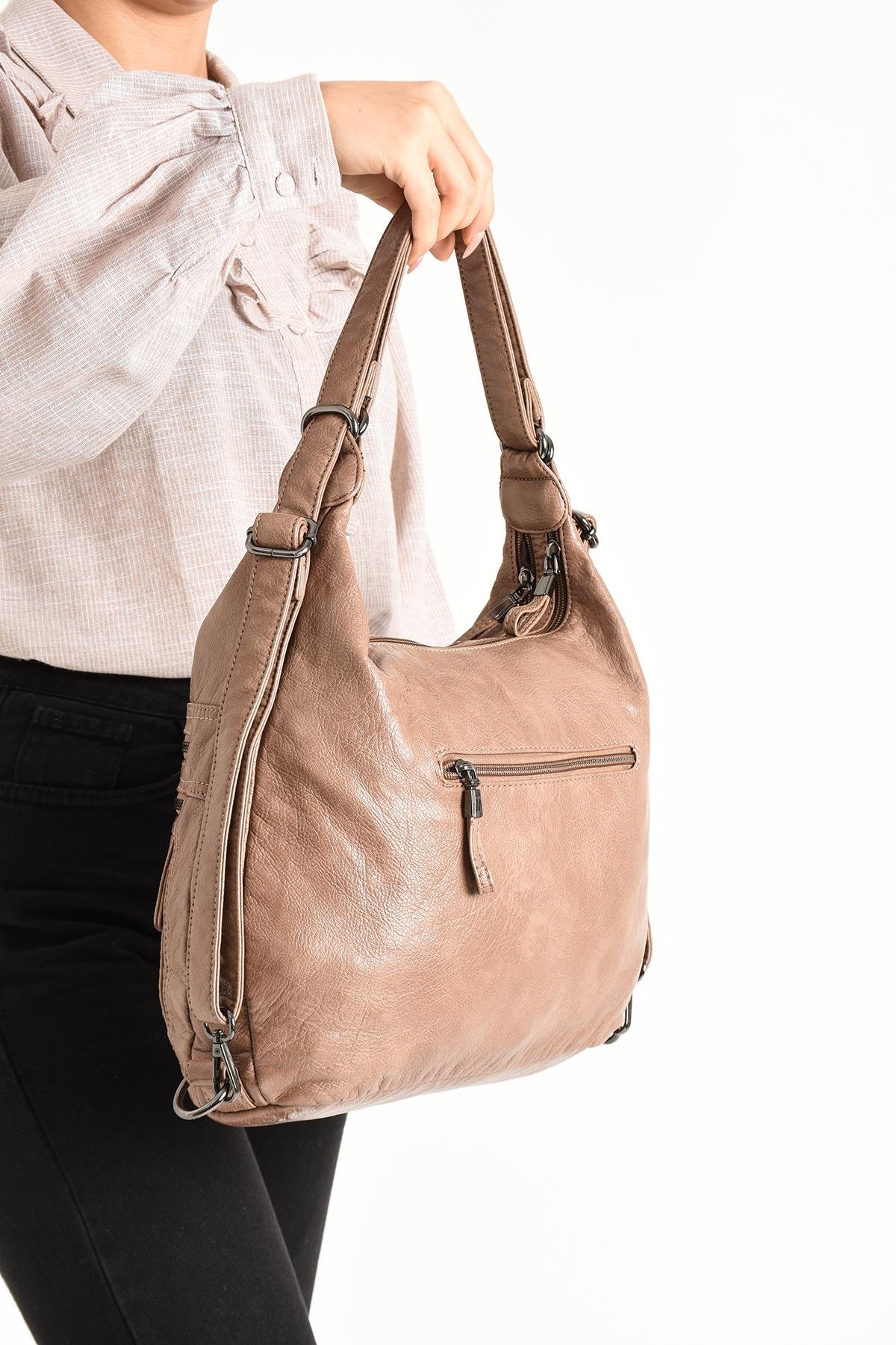 Yıkanmış Deri Omuz Çantası Vizon (Model: 571-11-13A) 