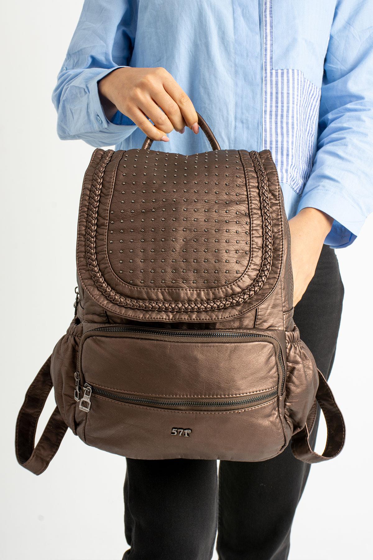 Yıkanmış Deri Sırt Çantası Bronz (Model: 571-9-11C)