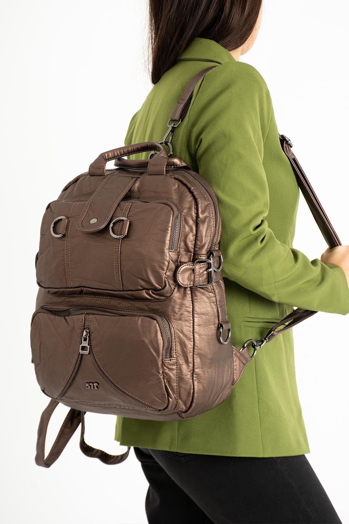 Yıkanmış Deri Sırt Çantası Bronz (Model: 571-9-11B) 