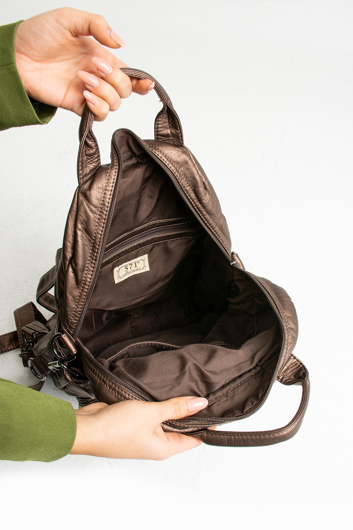 Yıkanmış Deri Sırt Çantası Bronz (Model: 571-9-11B) 