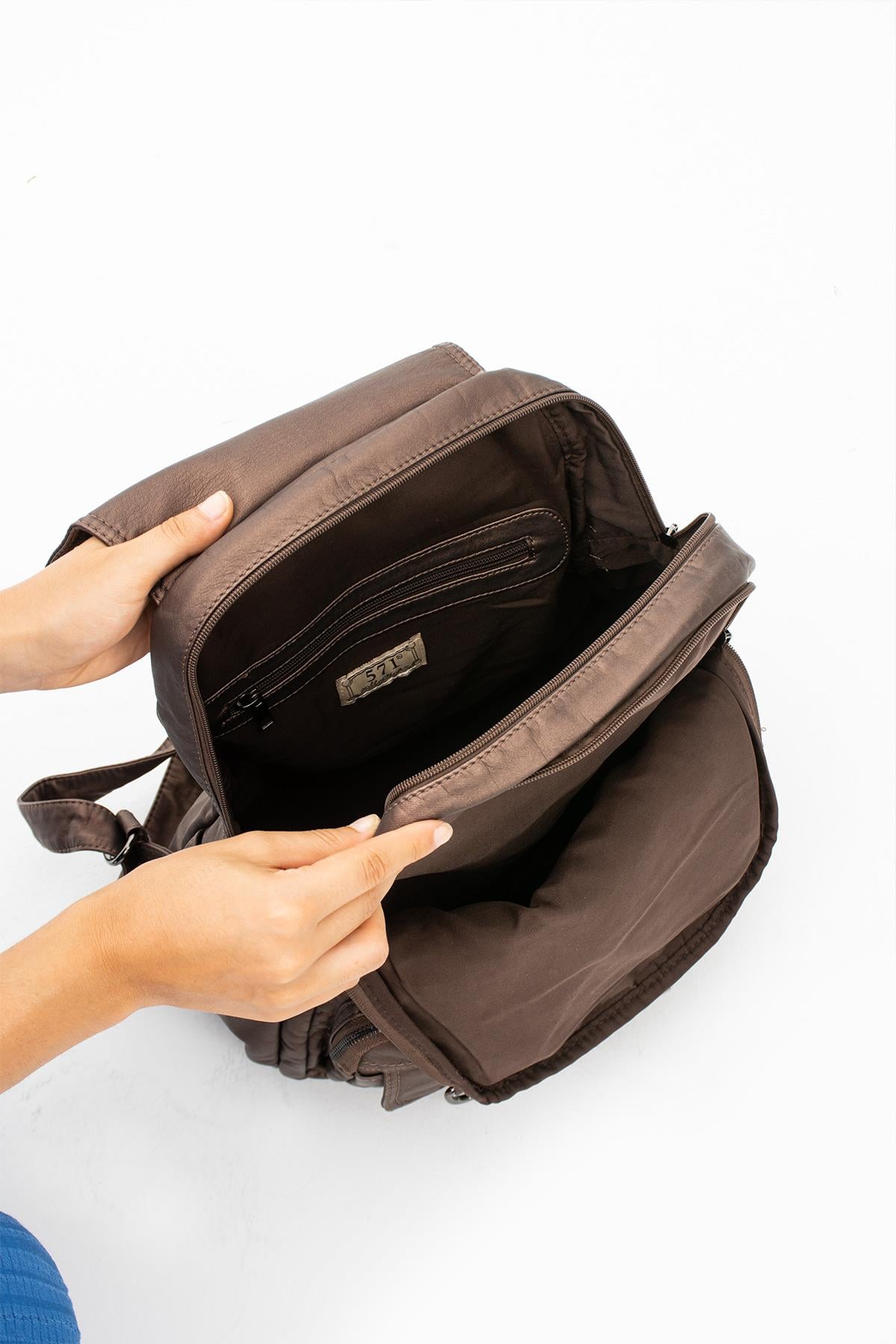 Yıkanmış Deri Sırt Çantası Bronz (Model: 571-11-11E)
