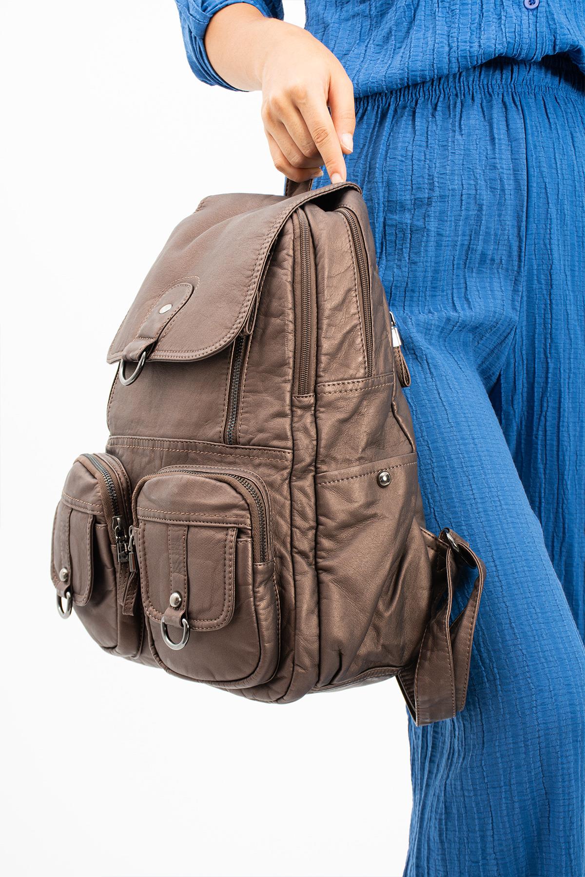 Yıkanmış Deri Sırt Çantası Bronz (Model: 571-11-11E)