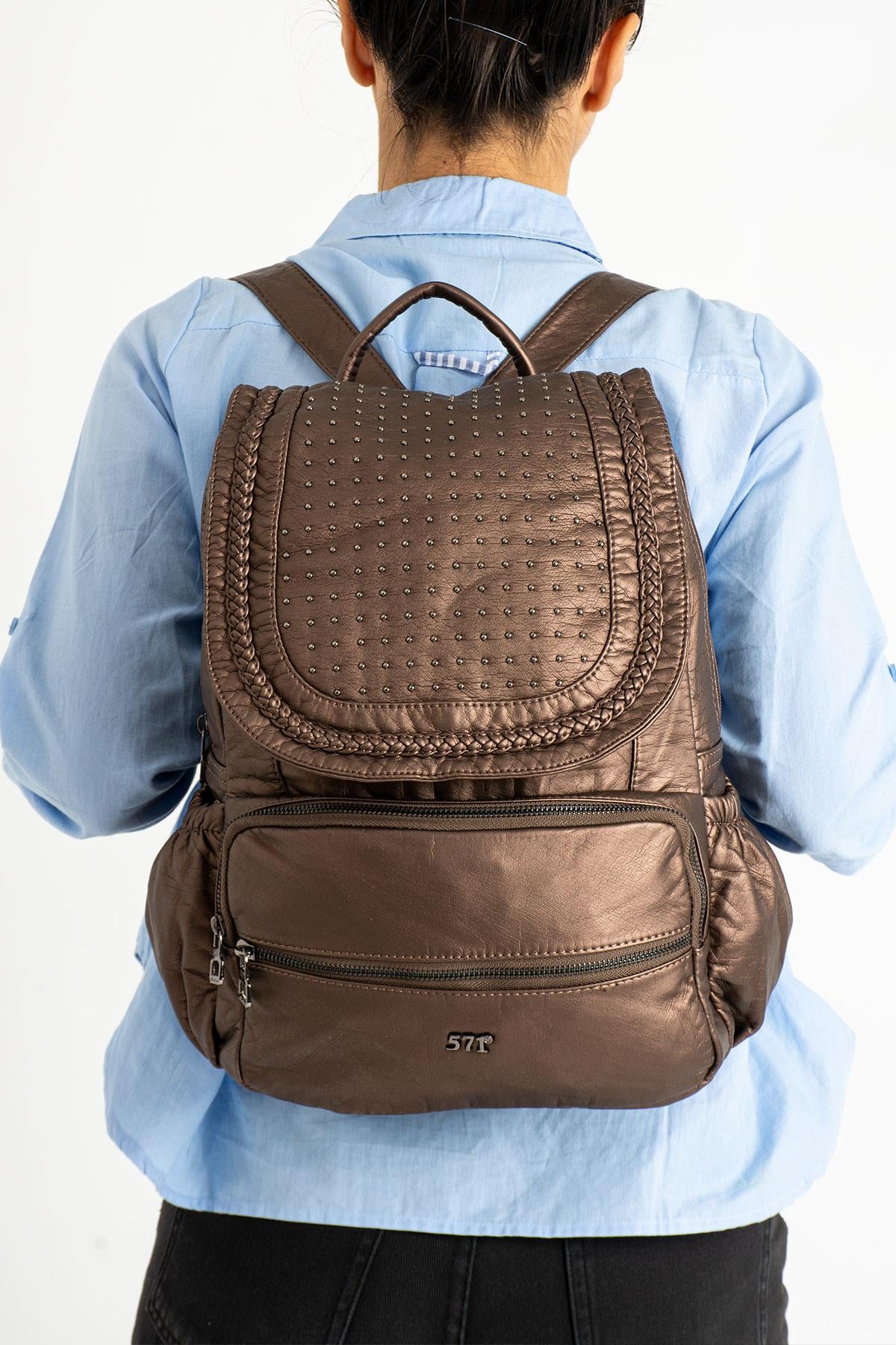 Yıkanmış Deri Sırt Çantası Bronz (Model: 571-9-11C)