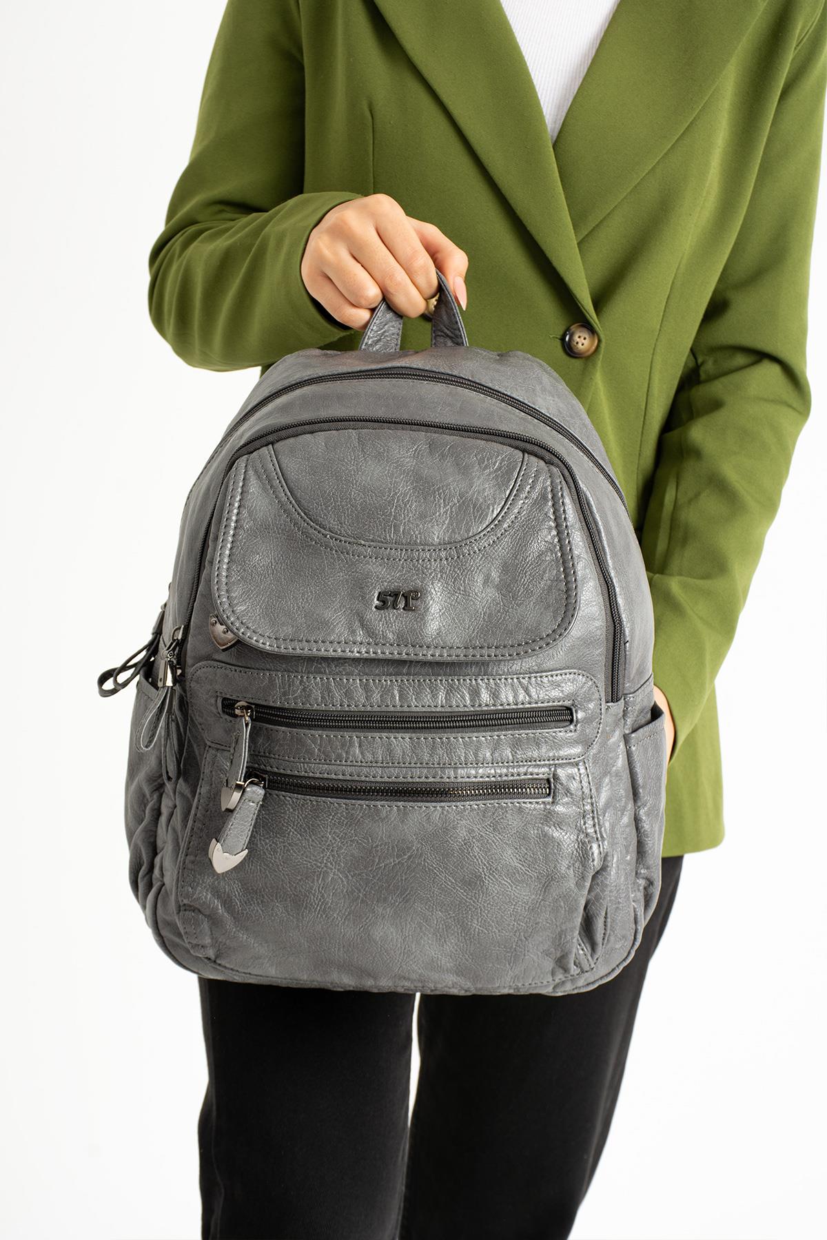 Yıkanmış Deri Sırt Çantası Gri (Model: 571-11-12G)