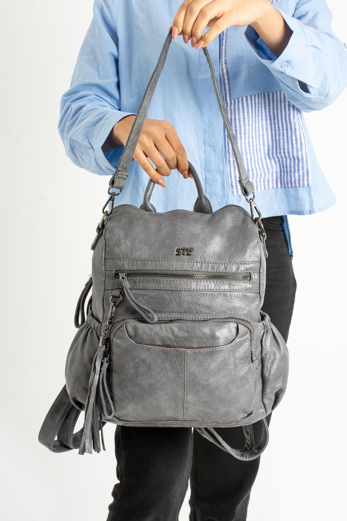 Yıkanmış Deri Sırt Çantası Gri (Model: 571-9-12B)
