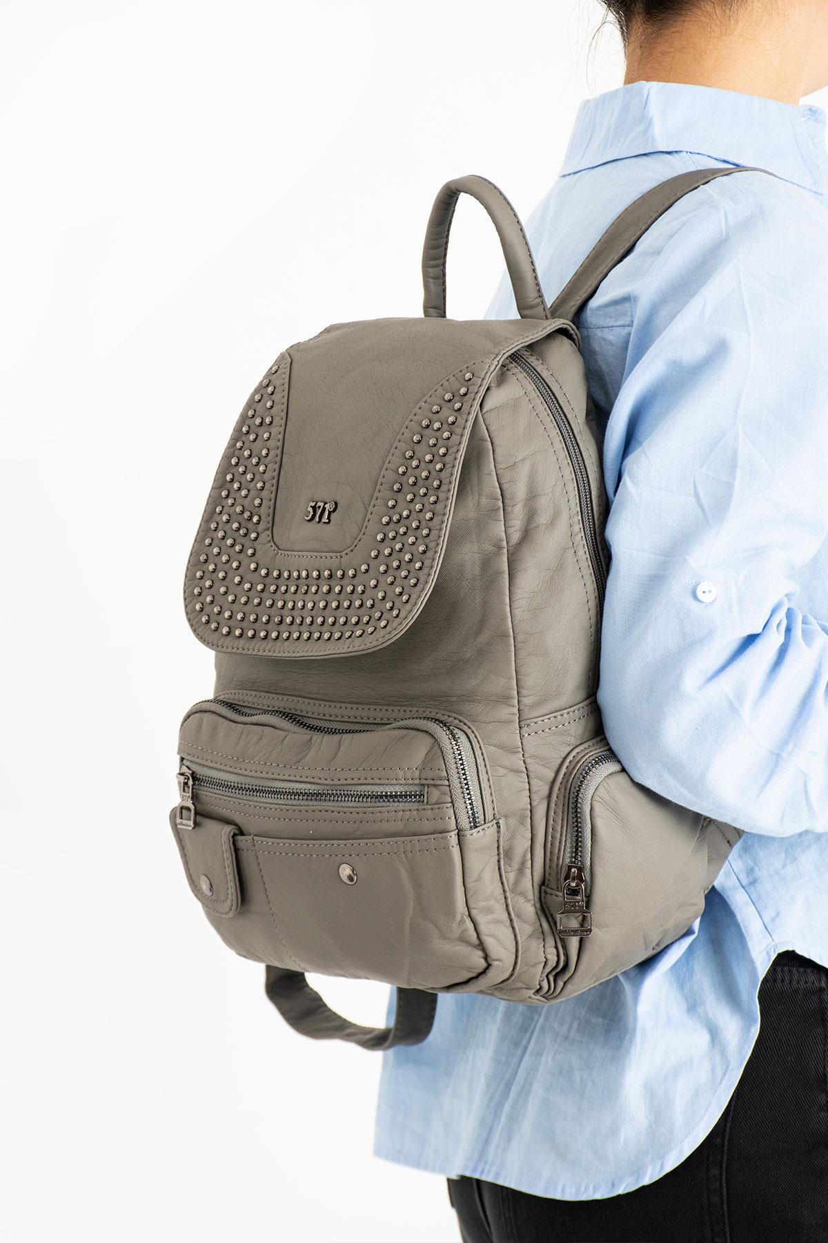 Yıkanmış Deri Sırt Çantası Gri (Model: 571-9-11D)