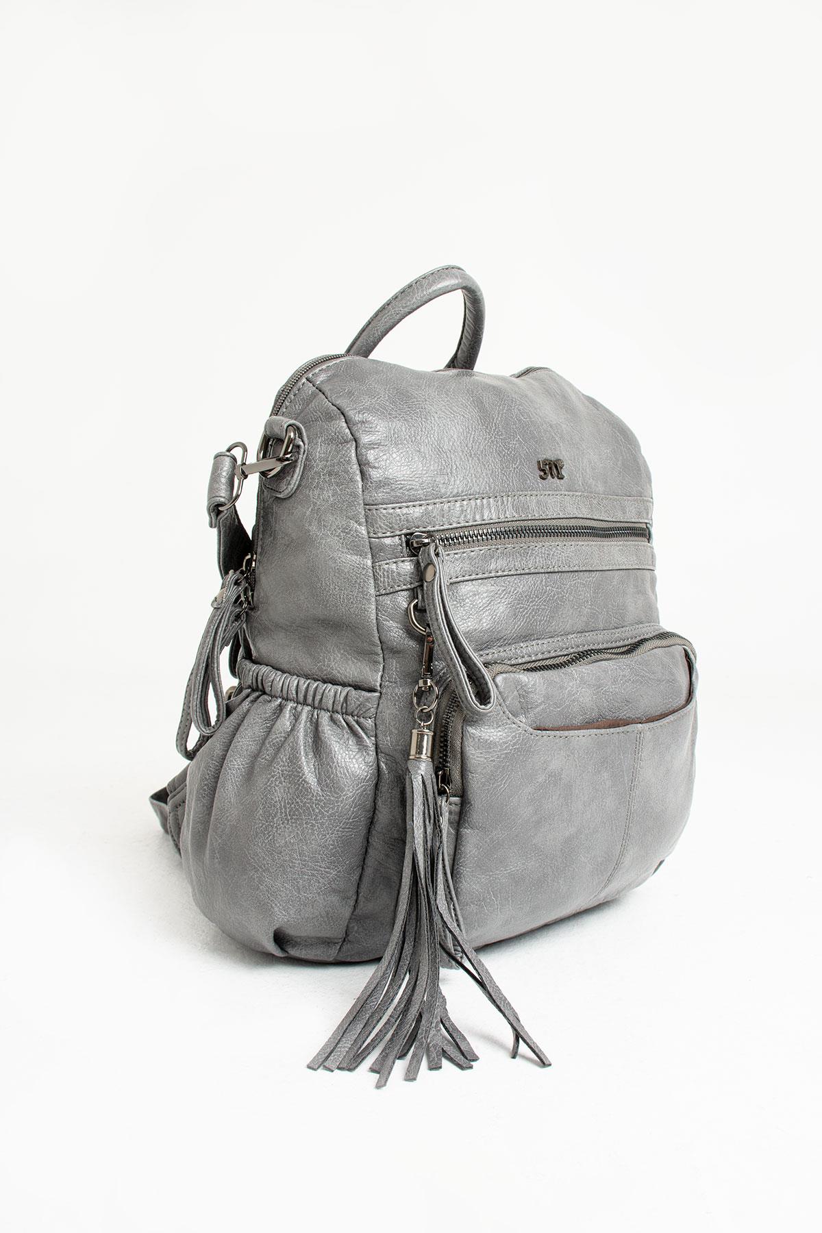Yıkanmış Deri Sırt Çantası Gri (Model: 571-9-12B)