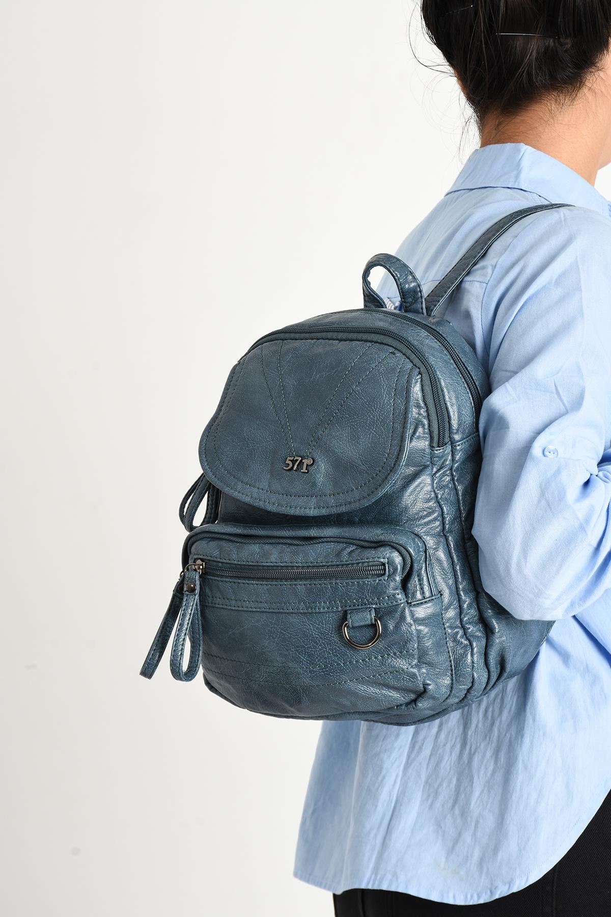Yıkanmış Deri Sırt Çantası Mavi (Model: 571-11-12H)