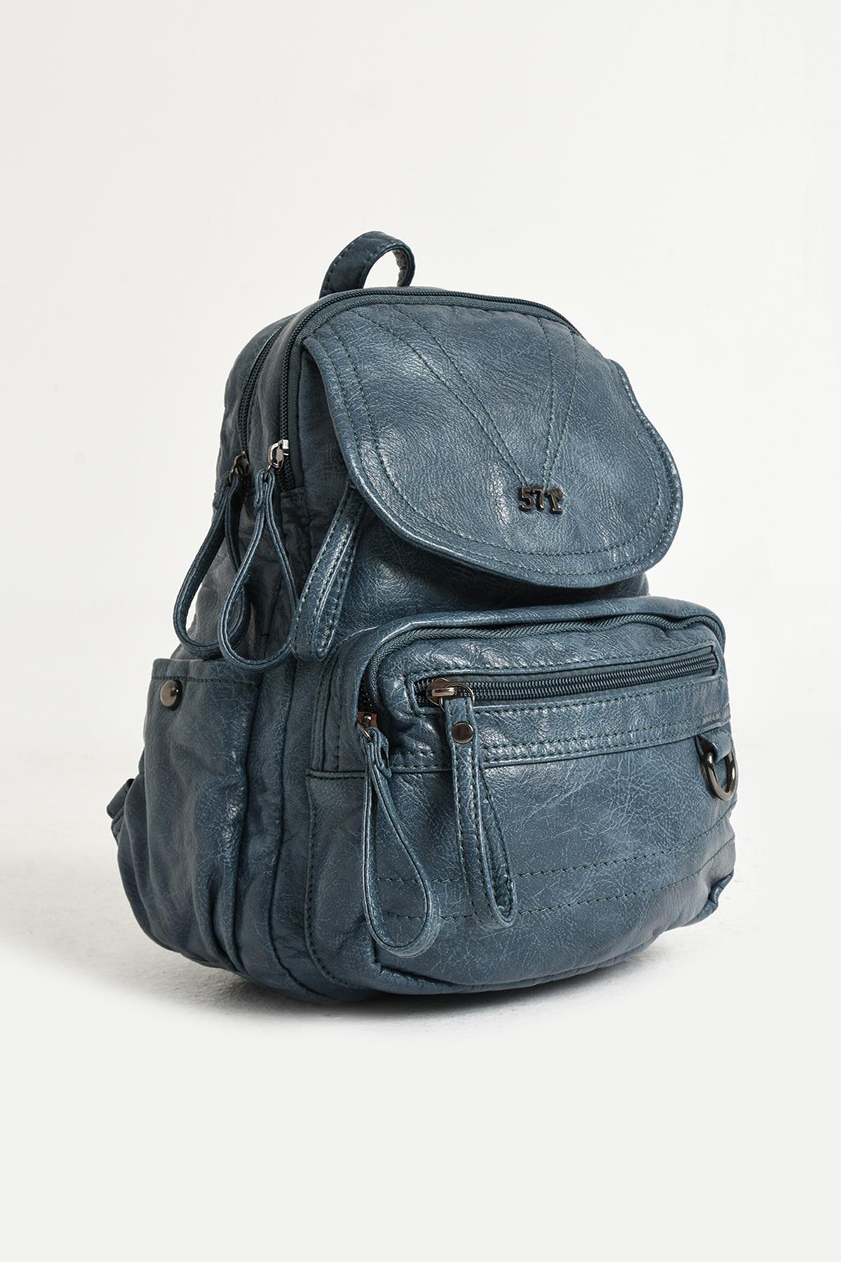 Yıkanmış Deri Sırt Çantası Mavi (Model: 571-11-12H)