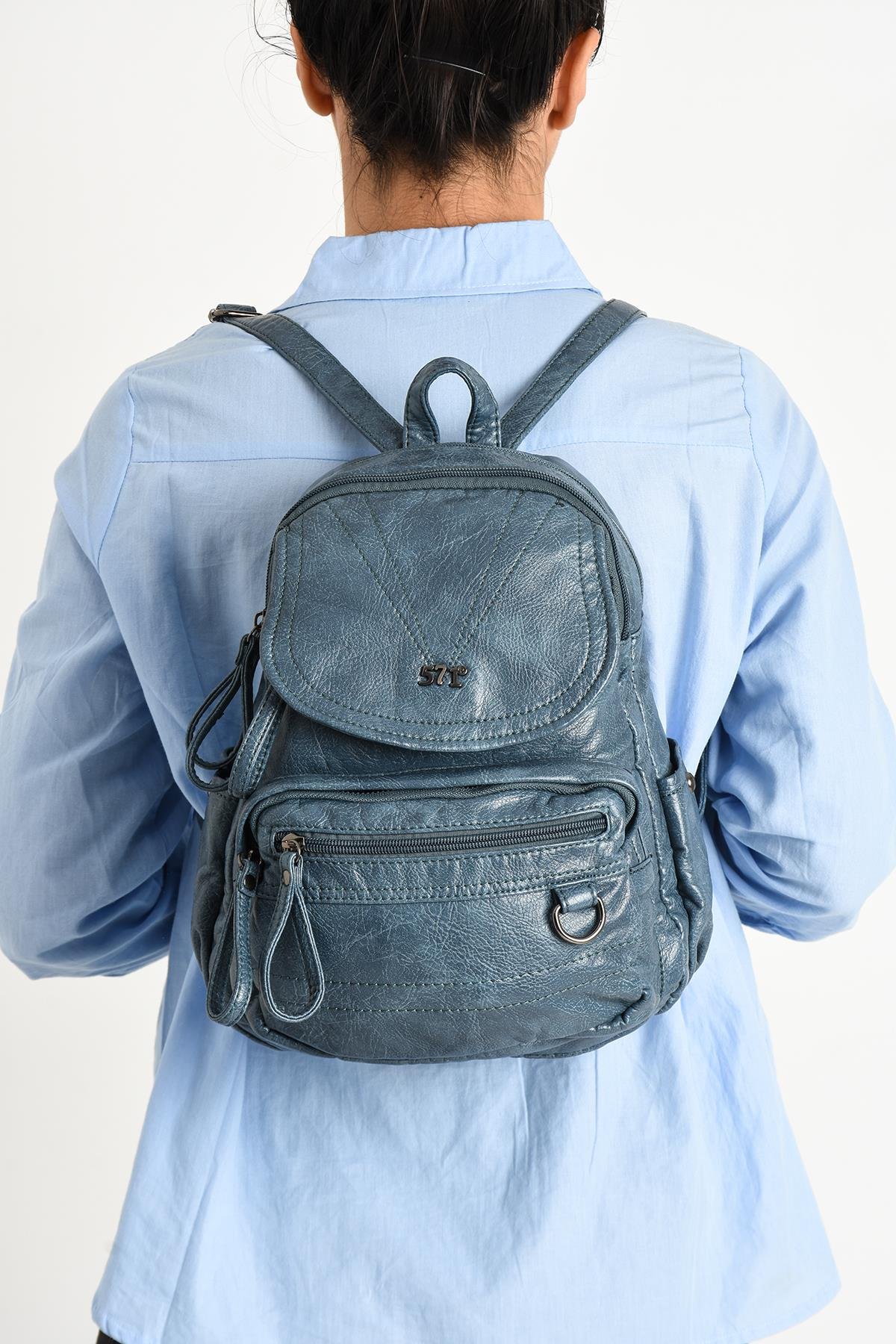 Yıkanmış Deri Sırt Çantası Mavi (Model: 571-11-12H)