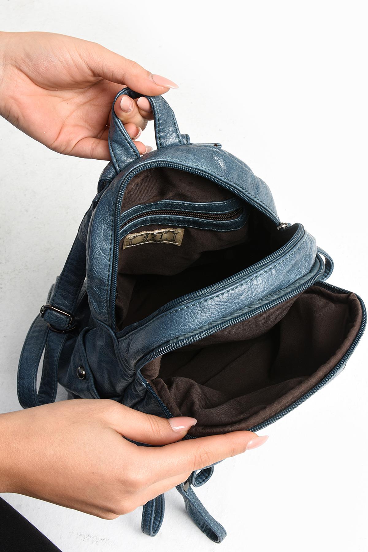 Yıkanmış Deri Sırt Çantası Mavi (Model: 571-11-12H)
