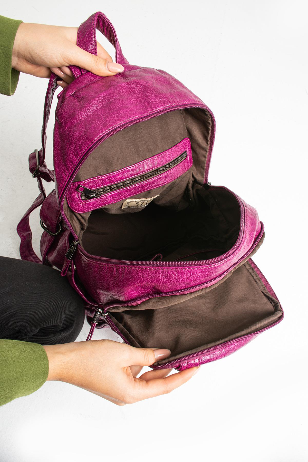 Yıkanmış Deri Sırt Çantası Pembe (Model: 571-11-12G)