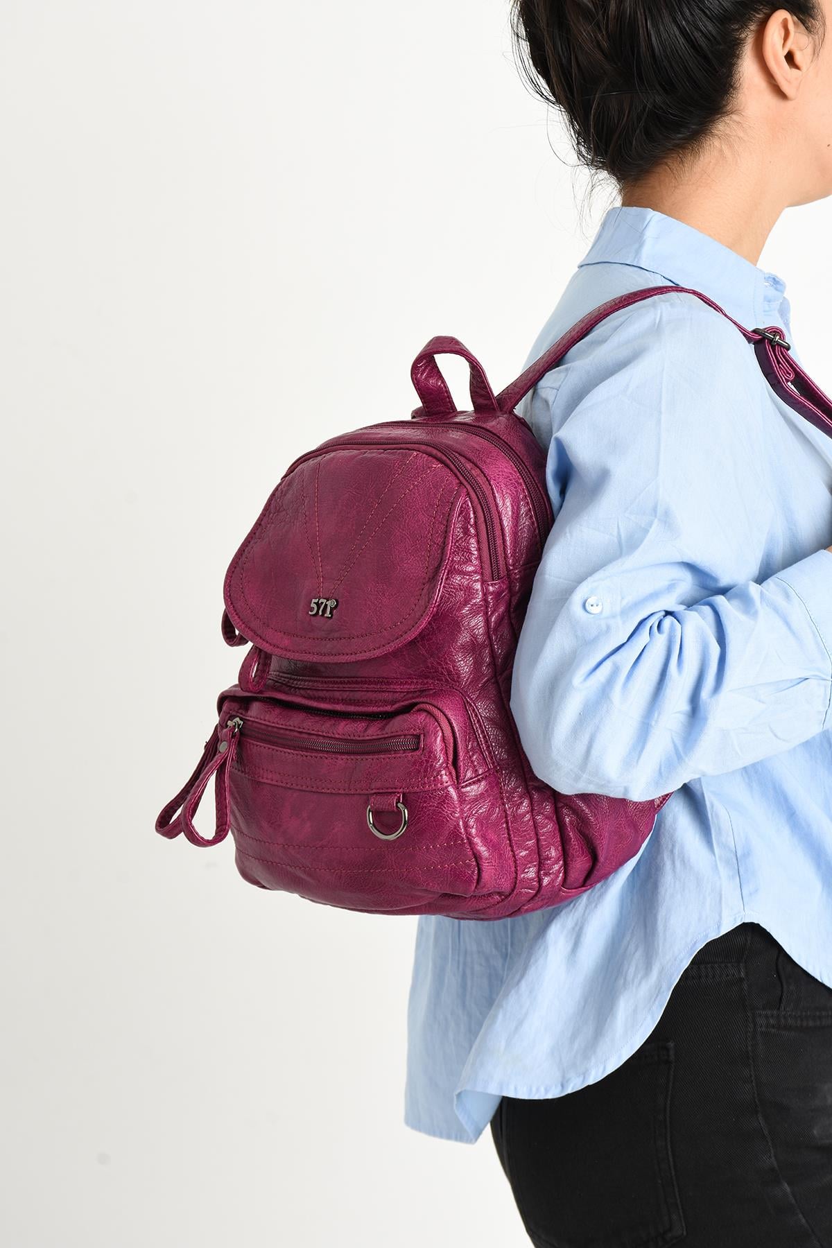 Yıkanmış Deri Sırt Çantası Pembe (Model: 571-11-12H)