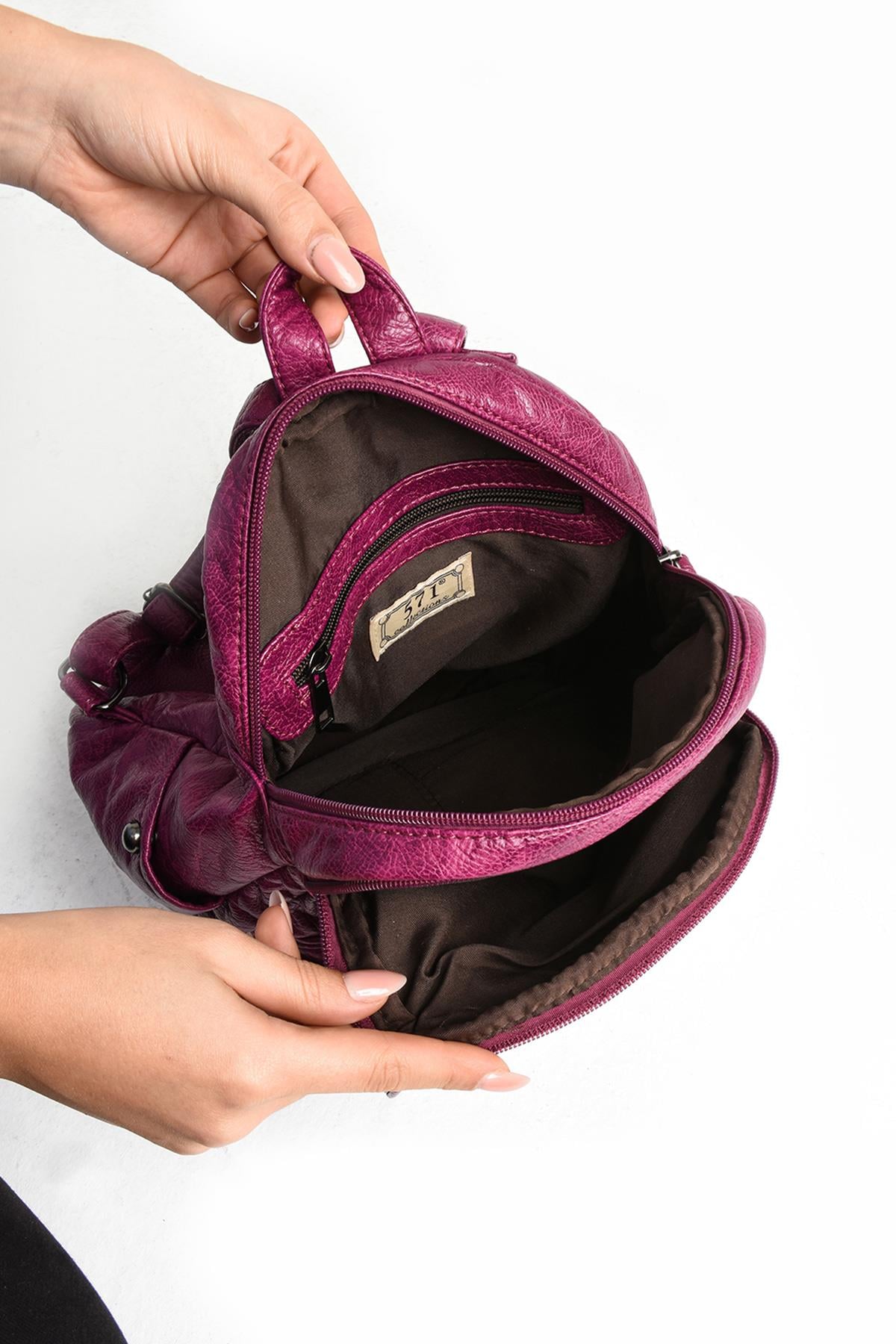 Yıkanmış Deri Sırt Çantası Pembe (Model: 571-11-12H)