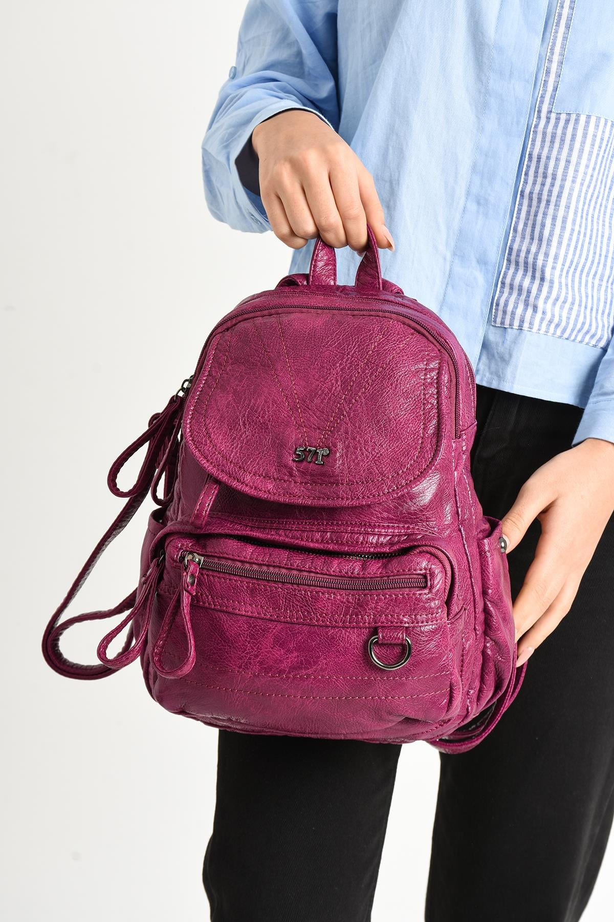 Yıkanmış Deri Sırt Çantası Pembe (Model: 571-11-12H)