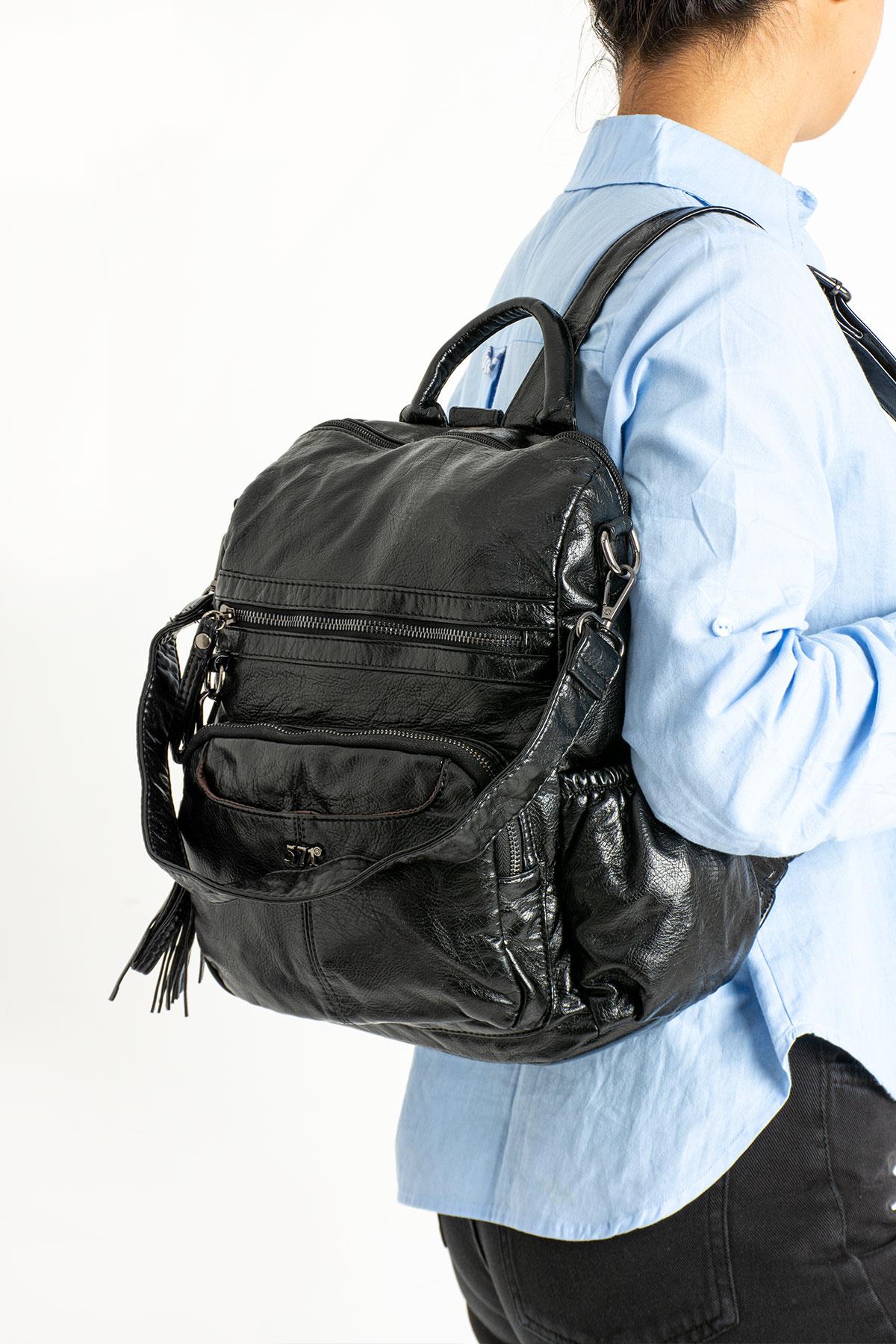 Yıkanmış Deri Sırt Çantası Siyah (Model: 571-9-12B)